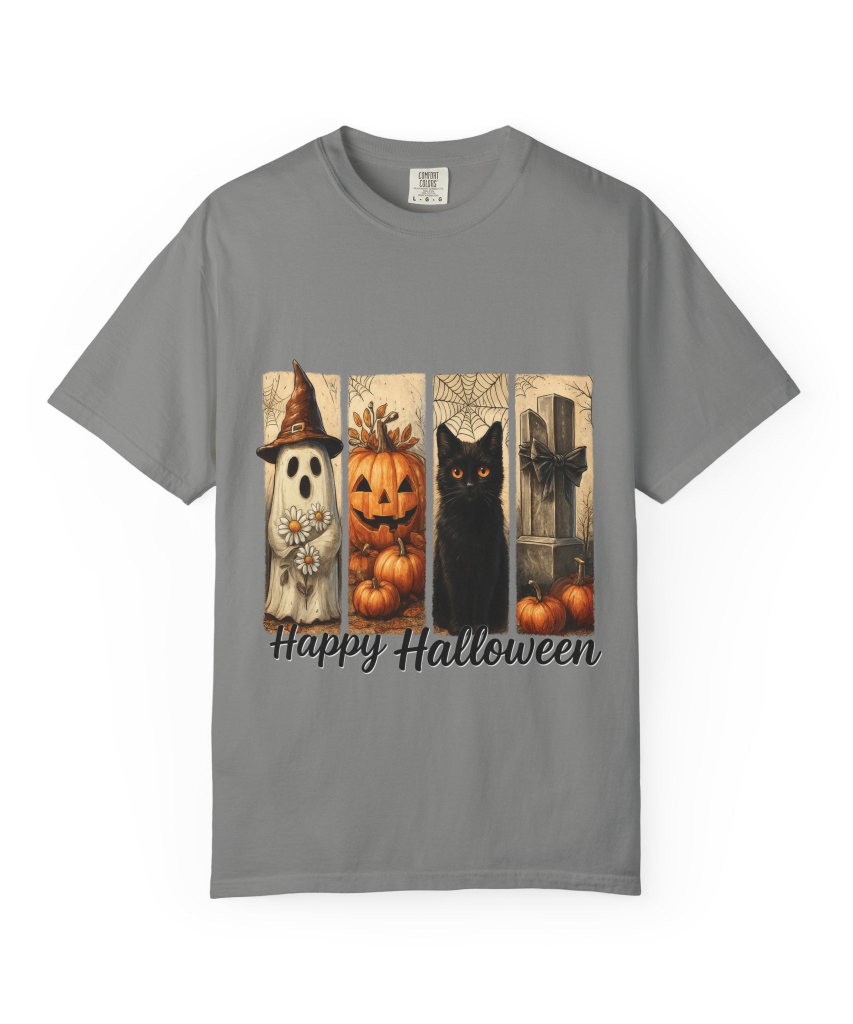 Happy Halloween Unisex T-Shirt – Ghost, Black Cat & Pumpkin Graphic Tee - Gallory Hive