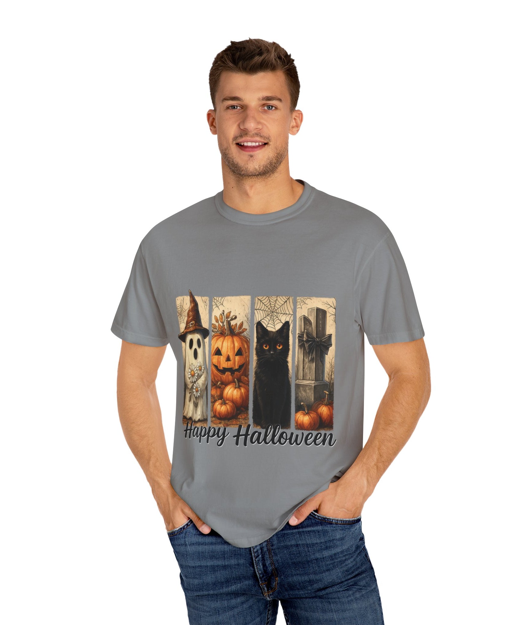 Happy Halloween Unisex T-Shirt – Ghost, Black Cat & Pumpkin Graphic Tee - Gallory Hive