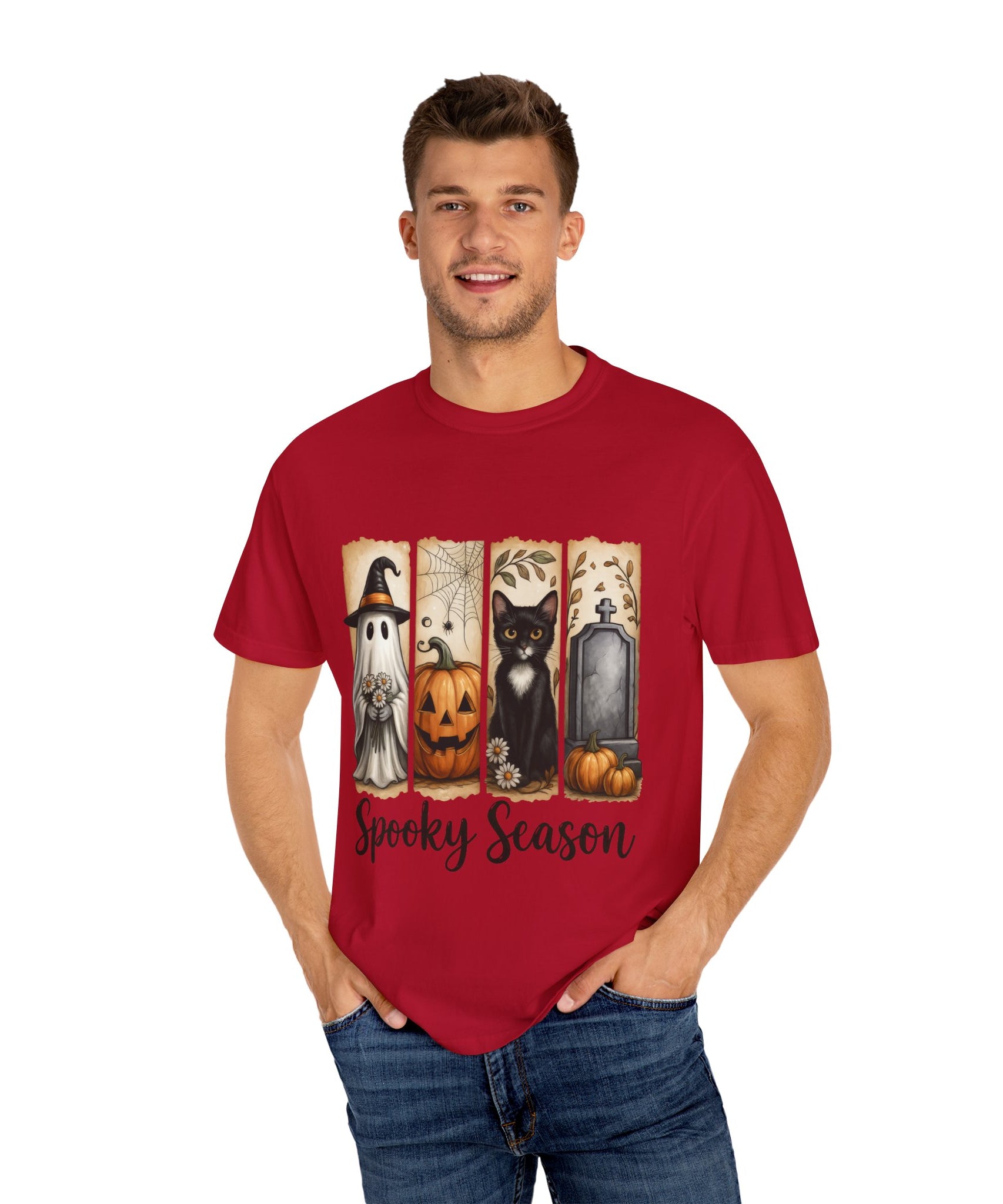Spooky Season Halloween Unisex T-Shirt – Ghost, Cat & Pumpkin Design - Gallory Hive