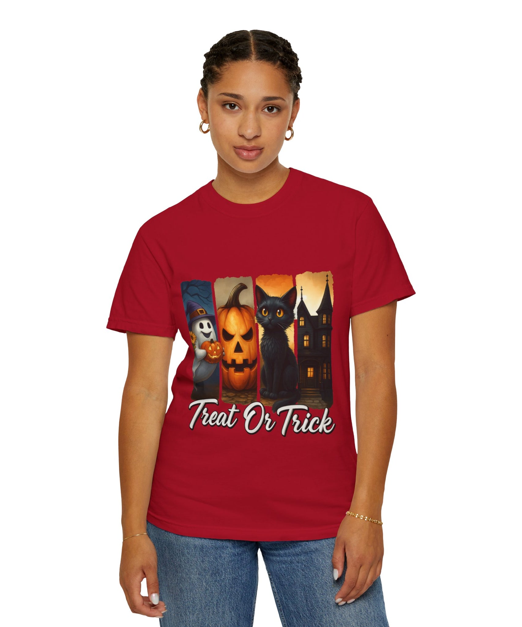 Treat Or Trick Halloween T-Shirt – Cute Ghost, Pumpkin, Black Cat & Haunted House Design - Gallory Hive