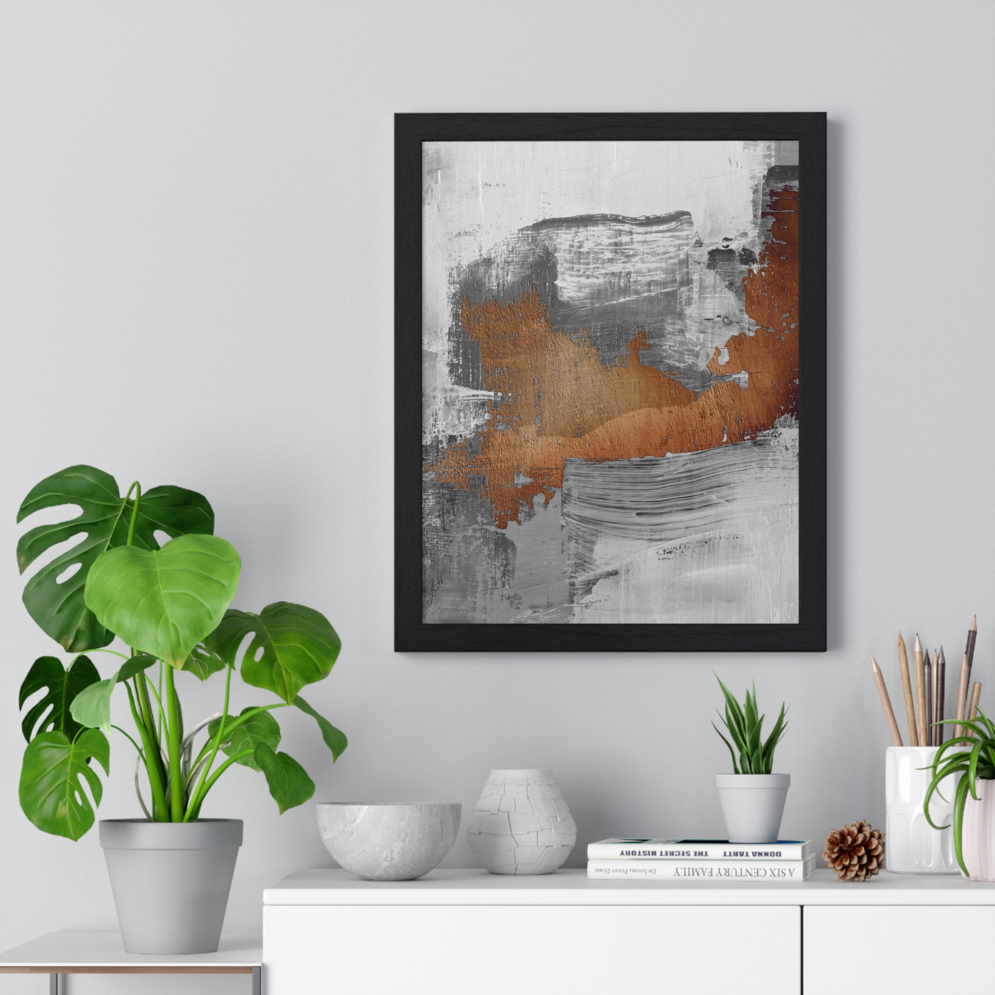 Textured Abstract Wall Art – Grey, Copper & White Modern Brushstroke Poster on Wooden Frame