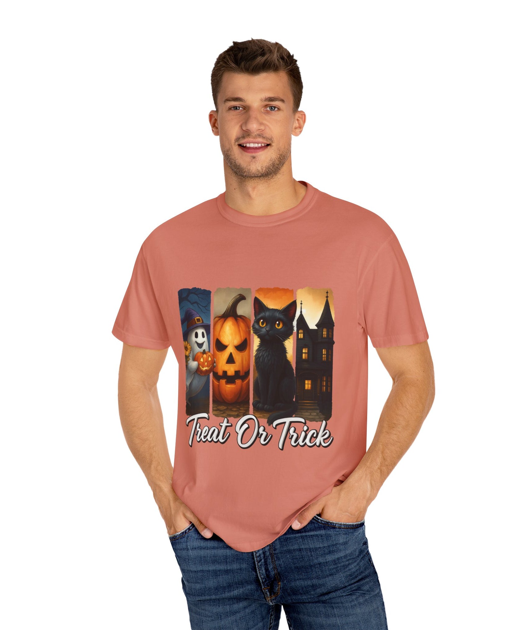 Treat Or Trick Halloween T-Shirt – Cute Ghost, Pumpkin, Black Cat & Haunted House Design - Gallory Hive