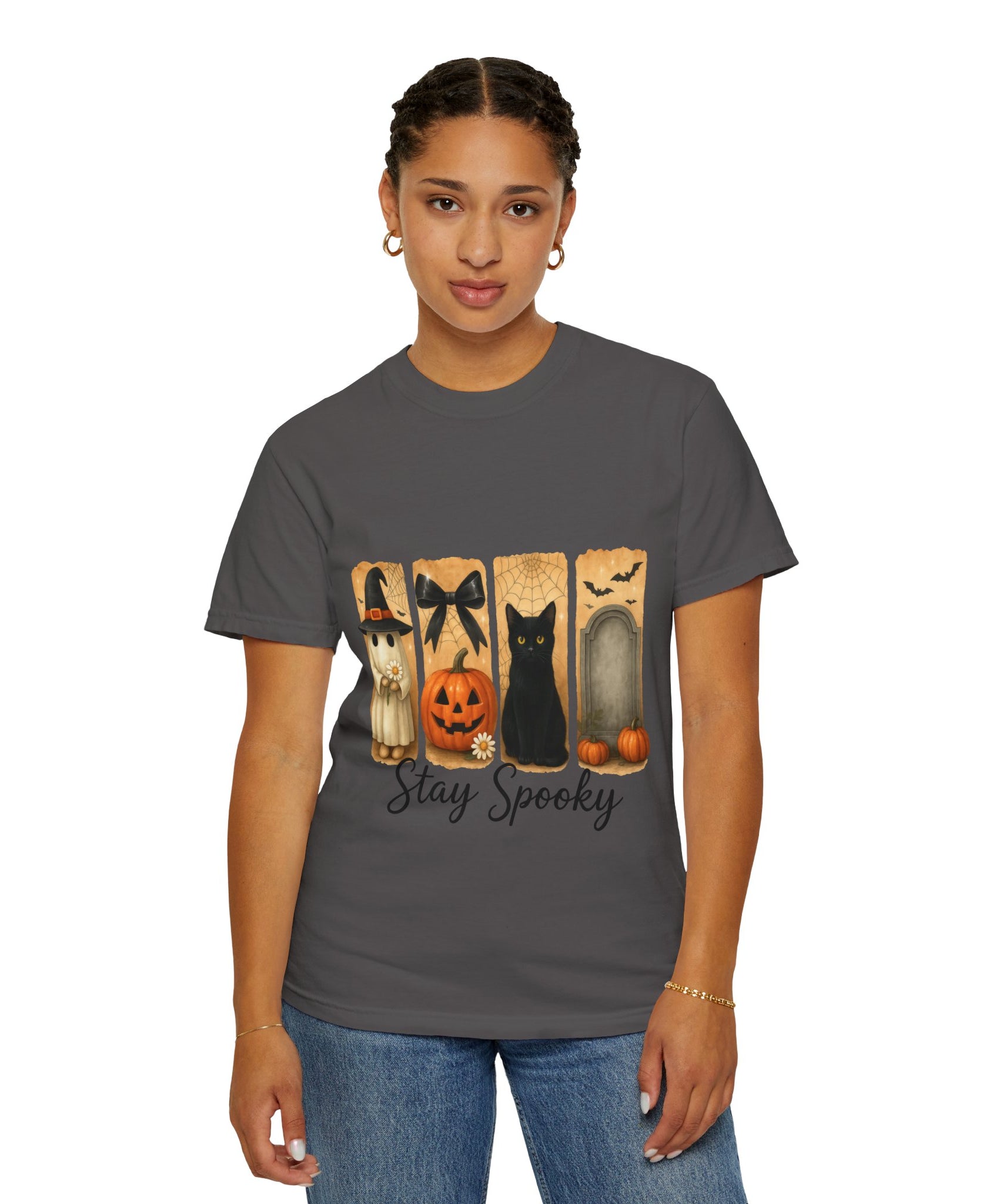 Cute Halloween T-Shirt – Ghost in Witch Hat, Pumpkin, Black Cat & Tombstone Design - Gallory Hive