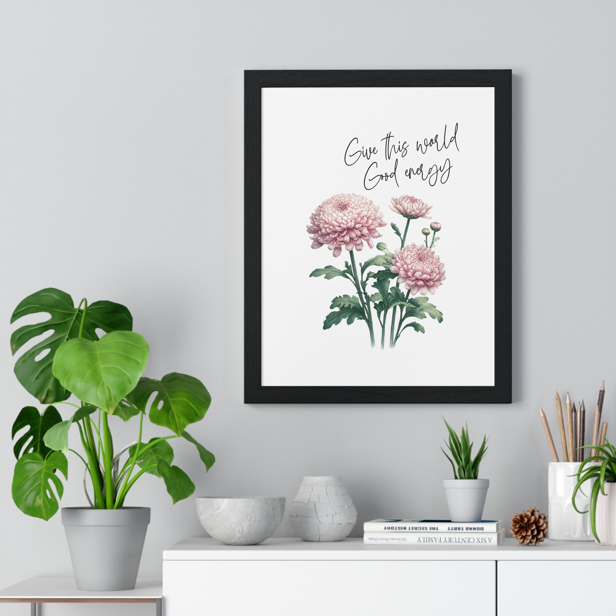 November Birth Month Flower Wall Art – Chrysanthemum Illustration with Inspirational Quote in Wooden Frame | Good Energy & Joy