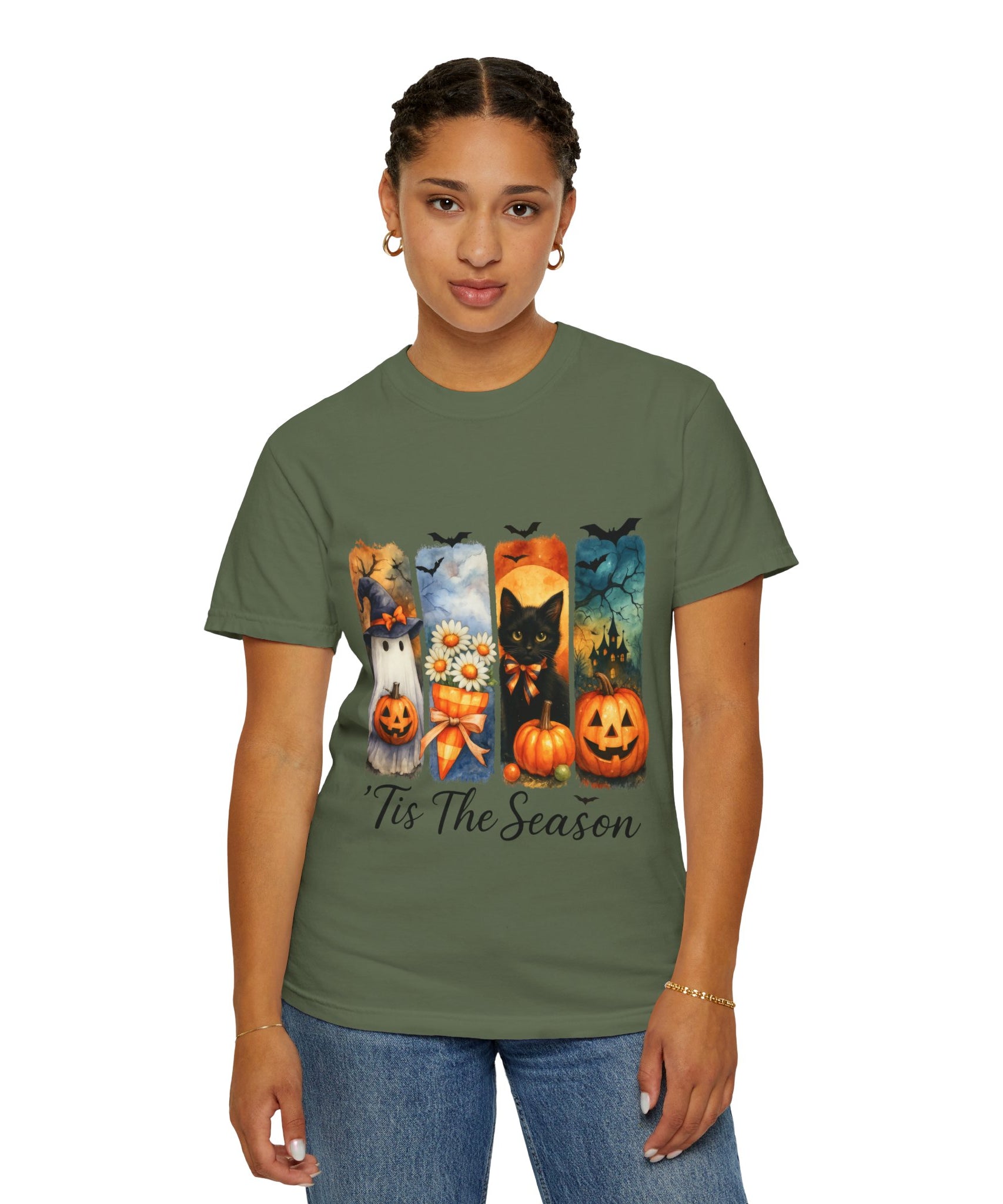 Whimsical Halloween T-Shirt – Ghost, Black Cat, Pumpkins & Haunted House Design - Gallory Hive