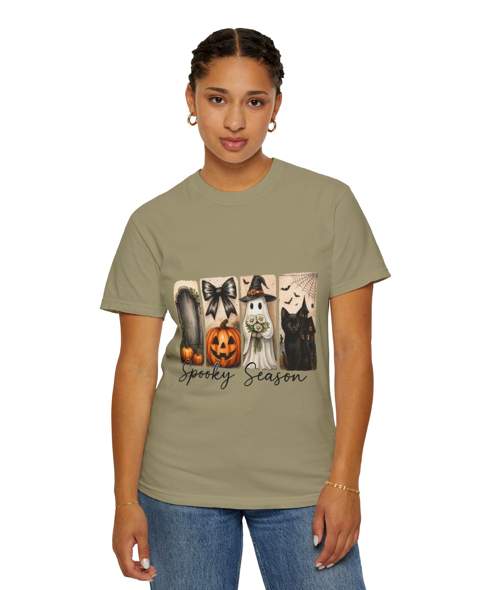 Spooky Season Unisex Halloween T-Shirt – Ghost, Black Cat, Pumpkin & Haunted House Art - Gallory Hive