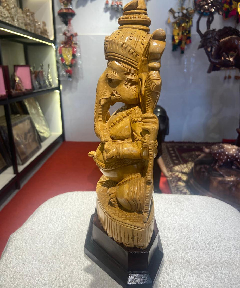 Handmade Sitting Lord Ganesha Wooden Sculpture | Gallory Hive