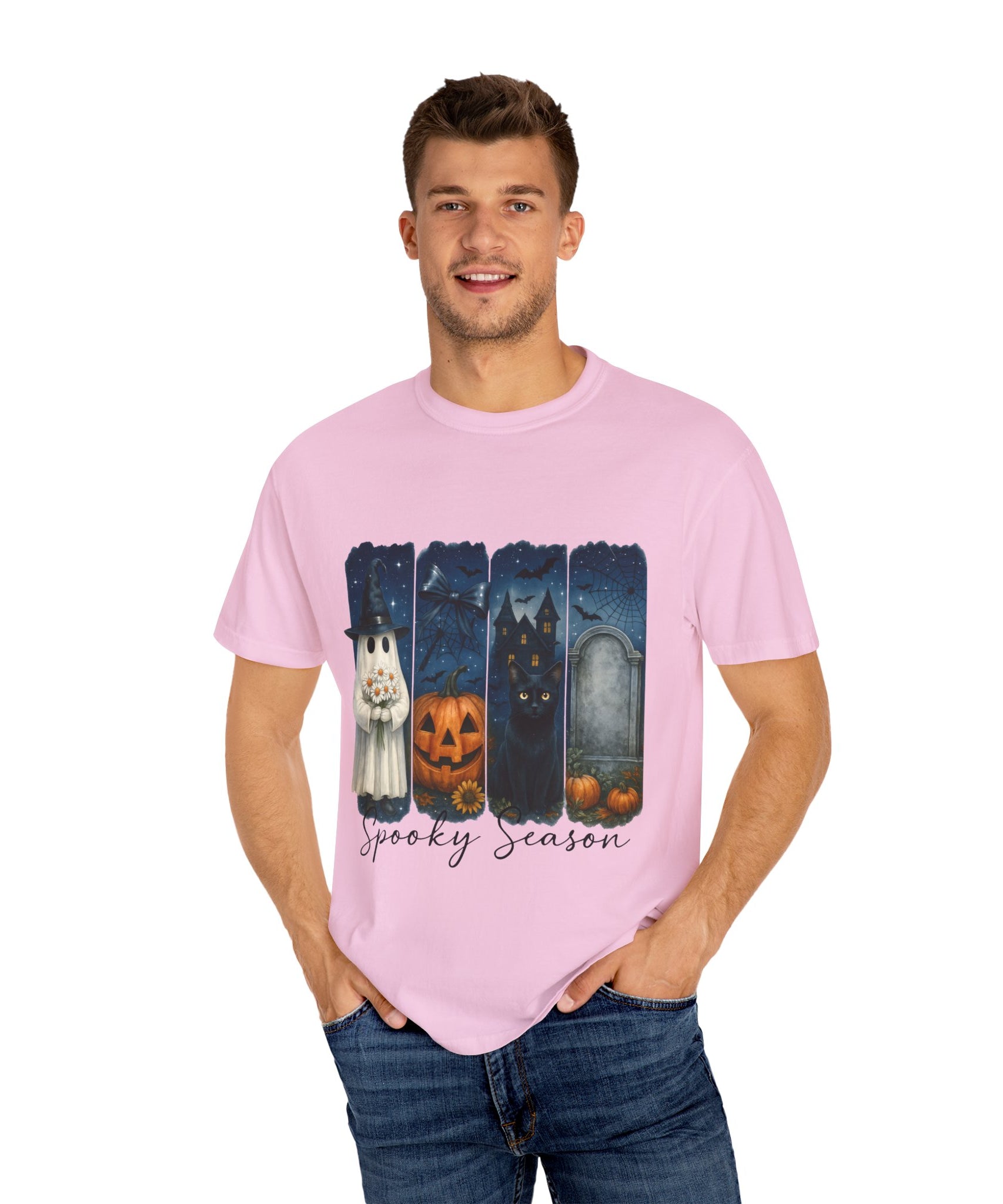 Spooky Season Halloween T-Shirt – Ghost, Black Cat, Pumpkin & Haunted House Design - Gallory Hive