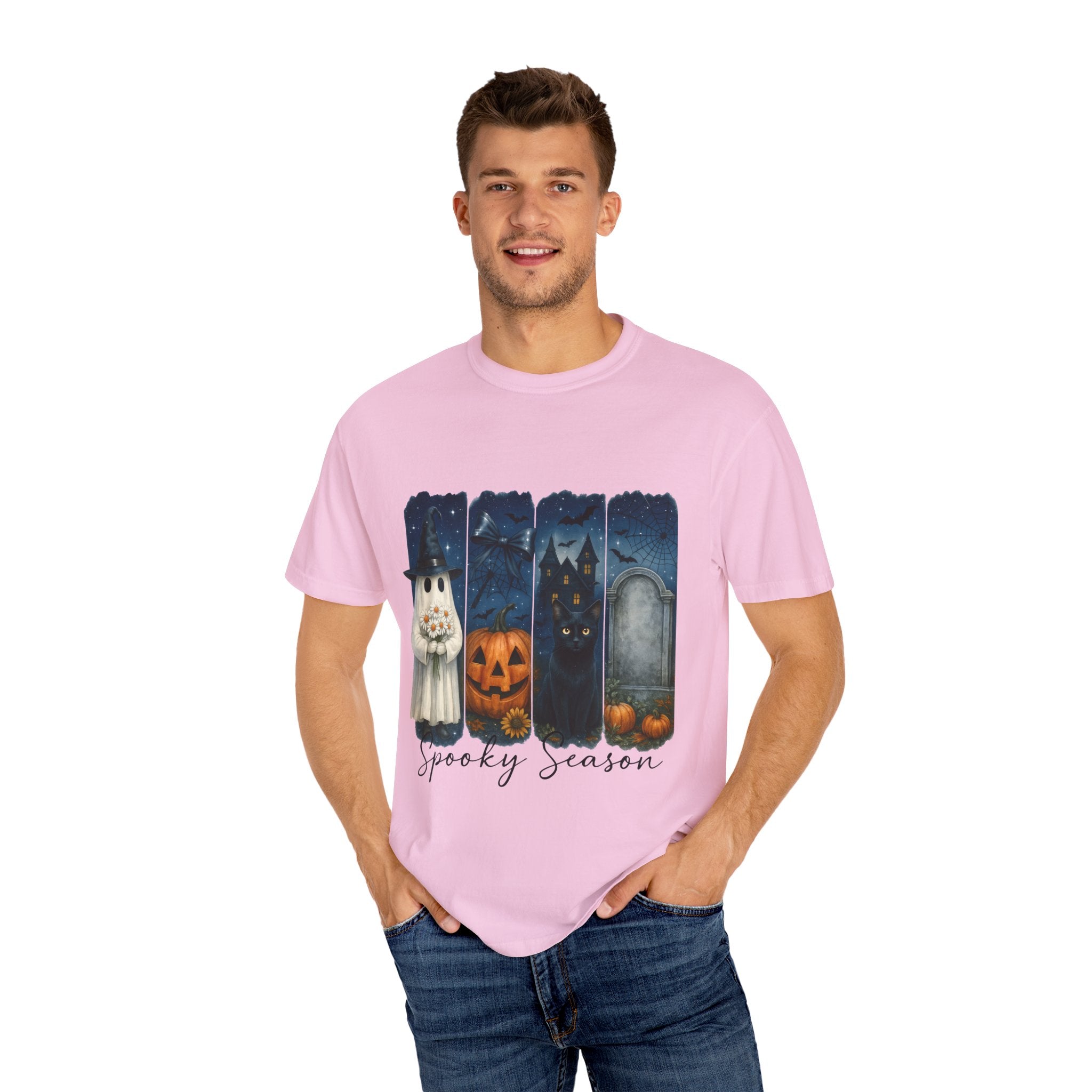 Spooky Season Halloween T-Shirt – Ghost, Black Cat, Pumpkin & Haunted House Design - Gallory Hive