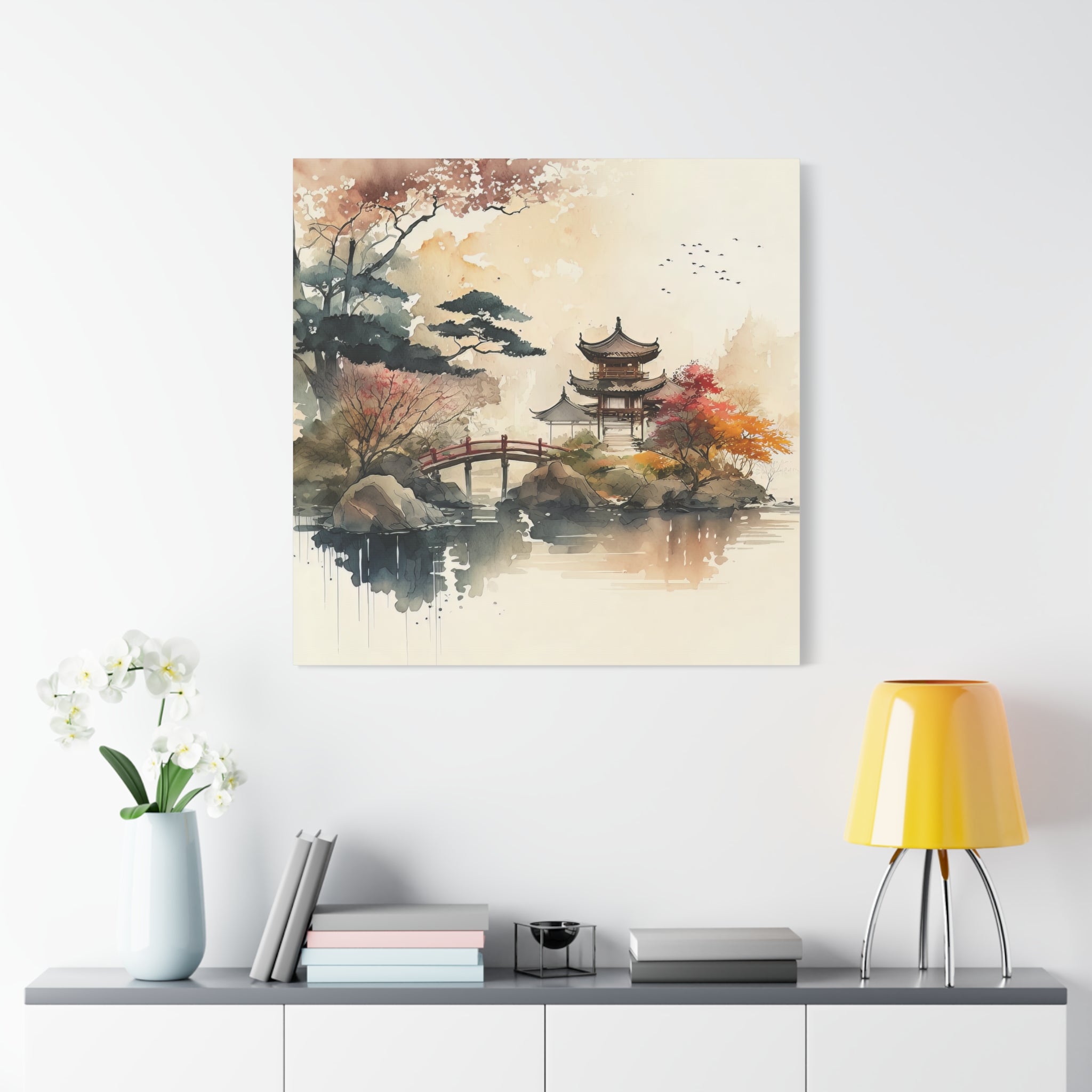 Serene Autumn Temple – Japanese Watercolor Landscape Art Print, Floral Canvas Print, Asian-Inspired Home Decor - Gallory Hive