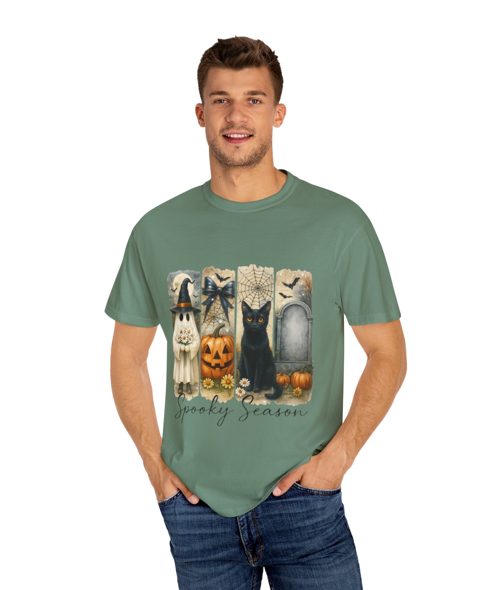 Spooky Season Halloween Unisex T-Shirt – Ghost, Black Cat & Pumpkin Design - Gallory Hive
