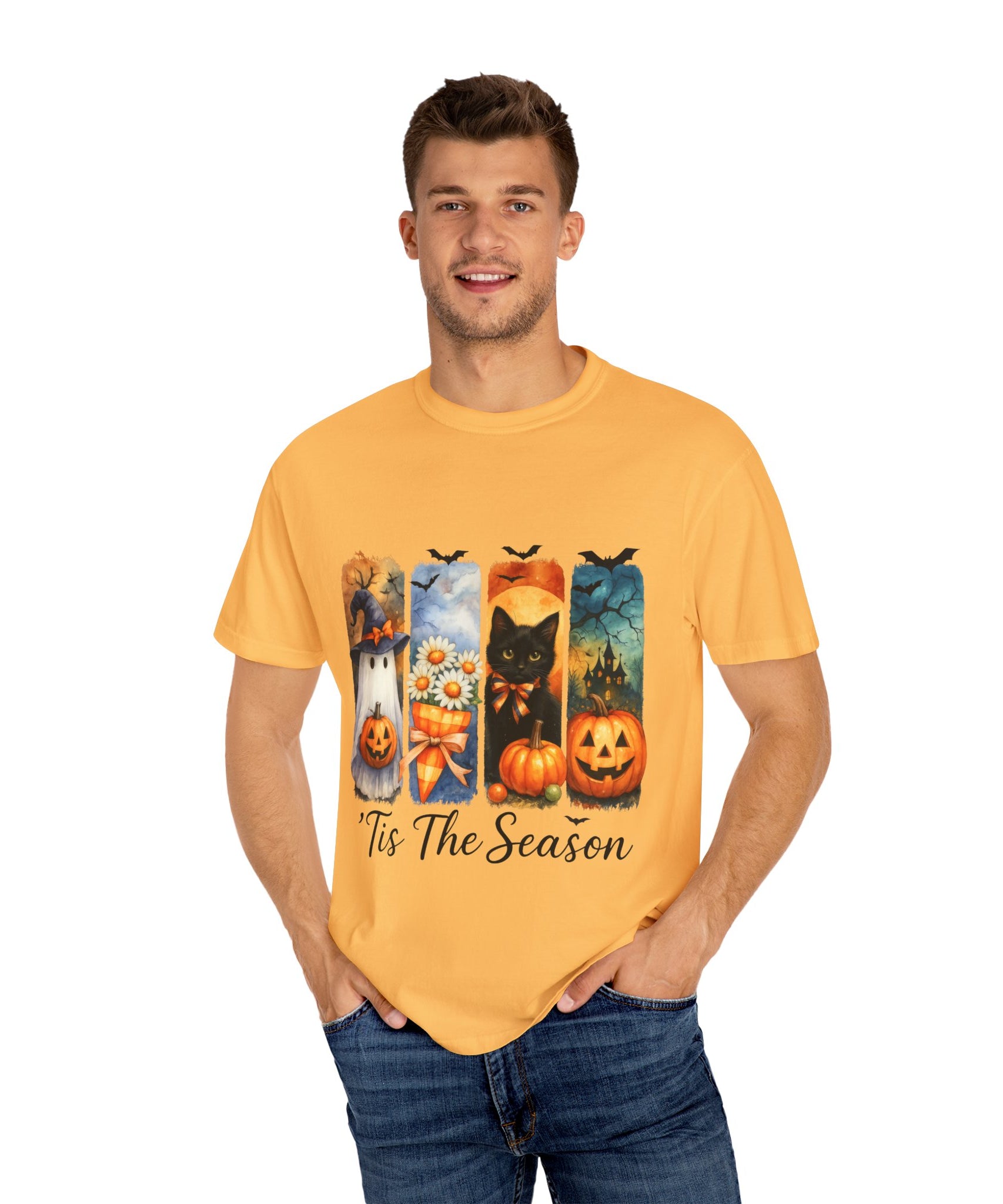 Whimsical Halloween T-Shirt – Ghost, Black Cat, Pumpkins & Haunted House Design - Gallory Hive