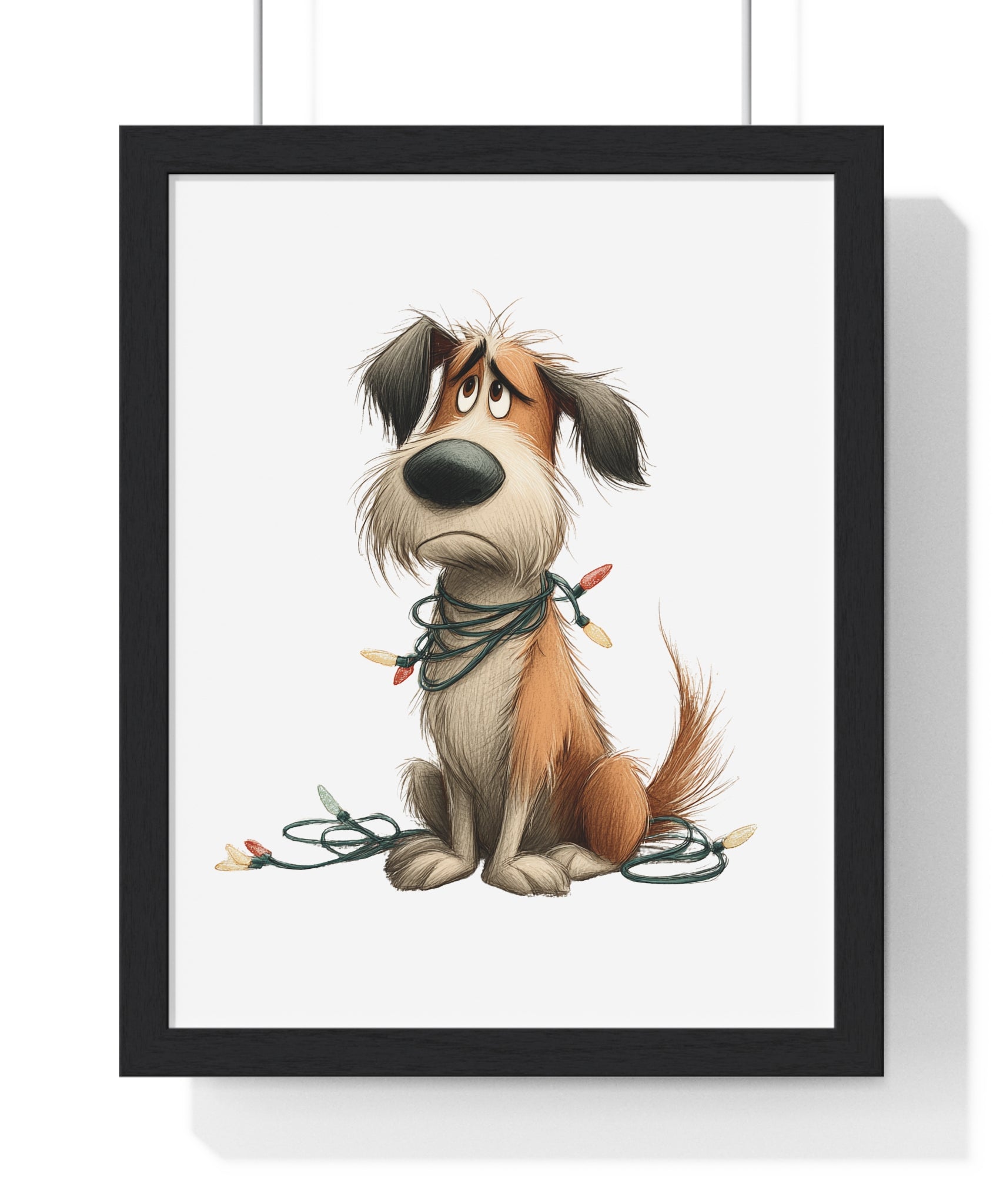 Tangled Pup in Christmas Lights – Wooden Wall Frame Home Decor