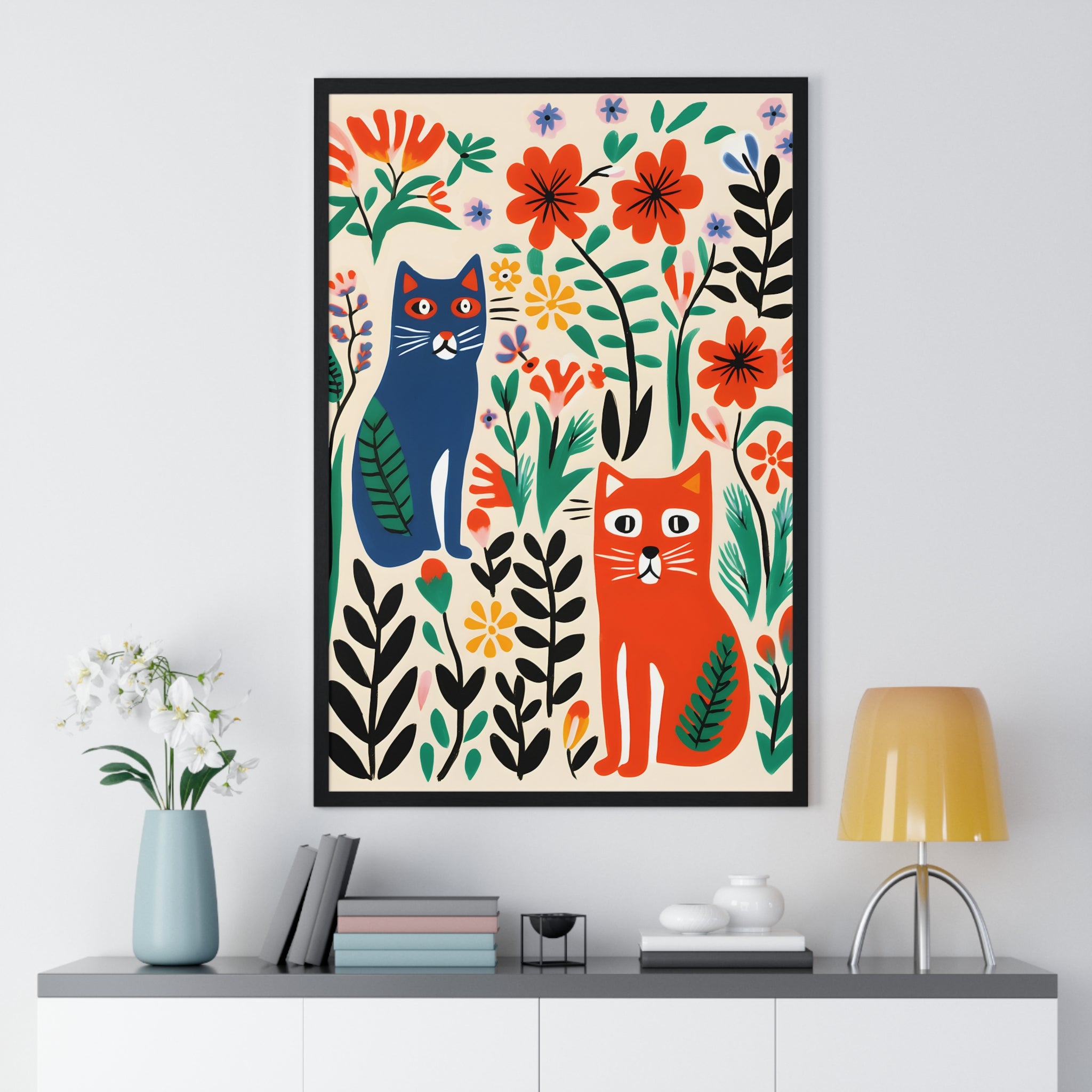 Whimsical Cat & Floral Art – Premium Wooden Framed Poster with Vibrant Garden Scene