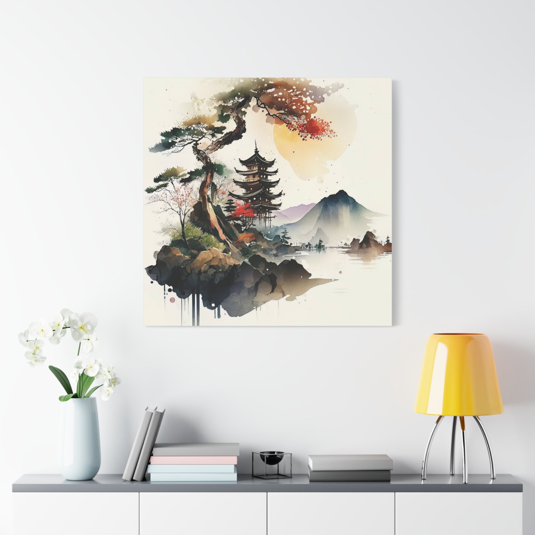 Watercolor Japanese Landscape Art Print – Tranquil Pagoda & Mountain Scene, Floral Canvas Print, Asian-Inspired Home Decor - Gallory Hive