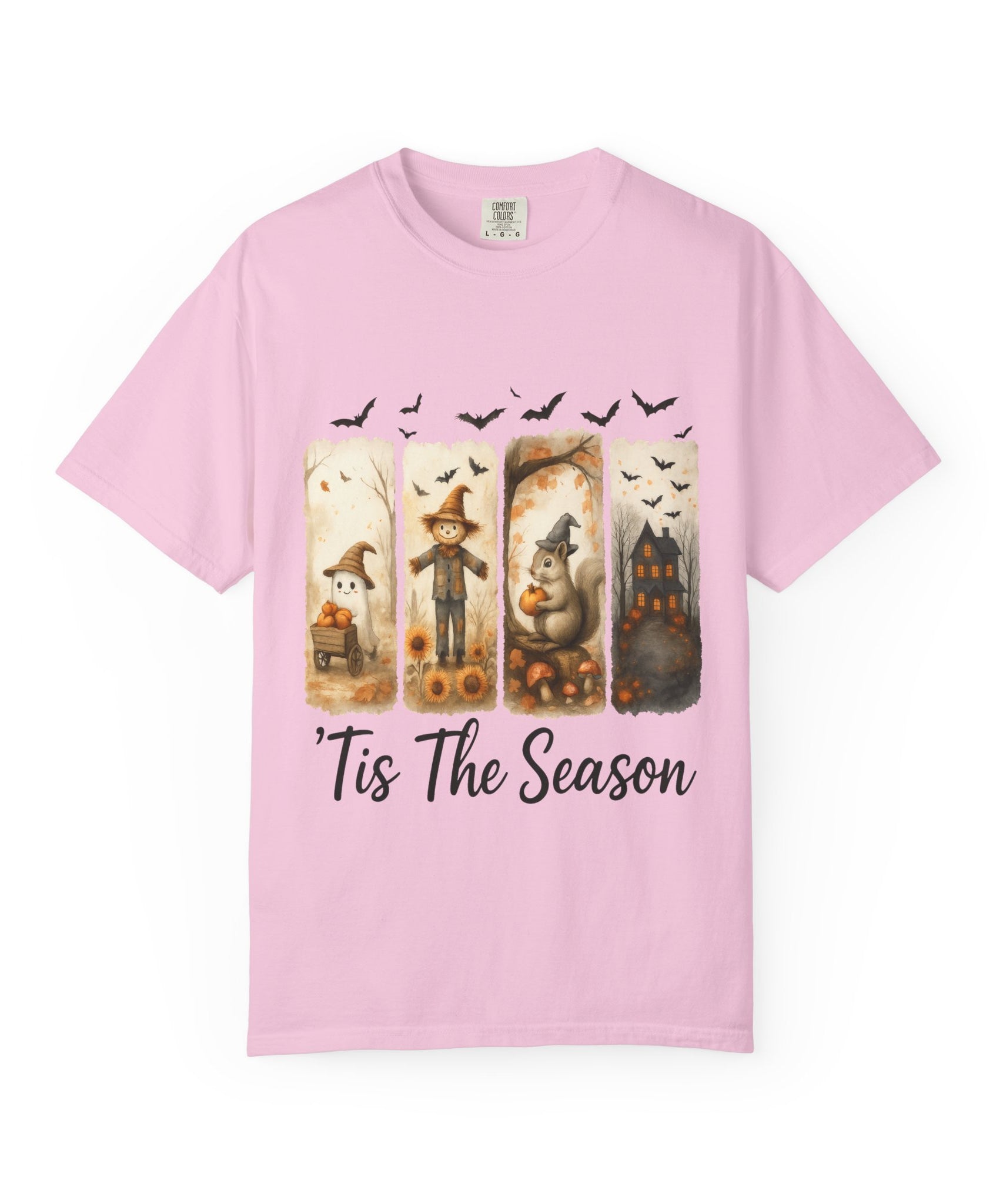 Tis The Season Fall Halloween T-Shirt – Cute Ghost, Scarecrow, Squirrel & Haunted House Design - Gallory Hive