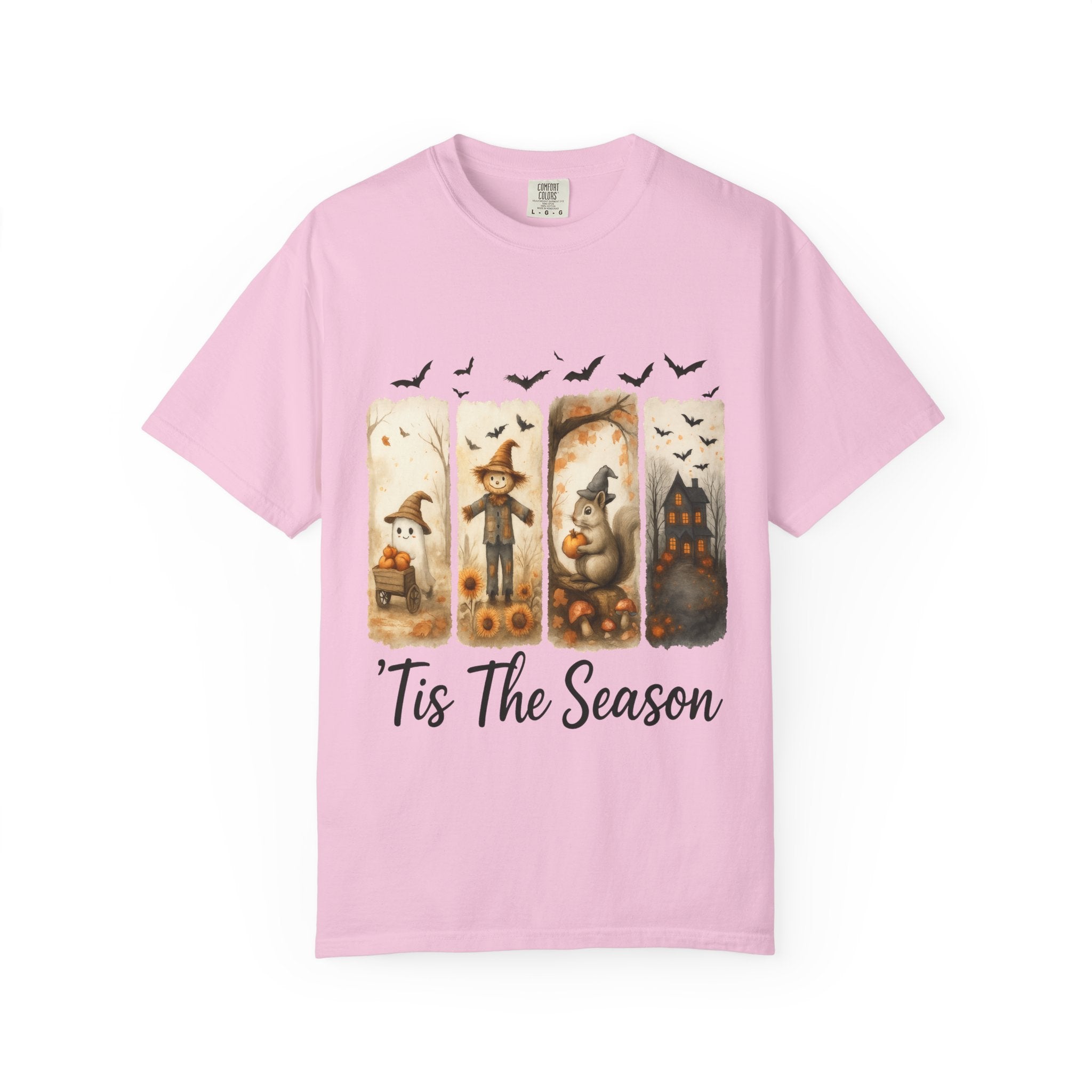 Tis The Season Fall Halloween T-Shirt – Cute Ghost, Scarecrow, Squirrel & Haunted House Design - Gallory Hive