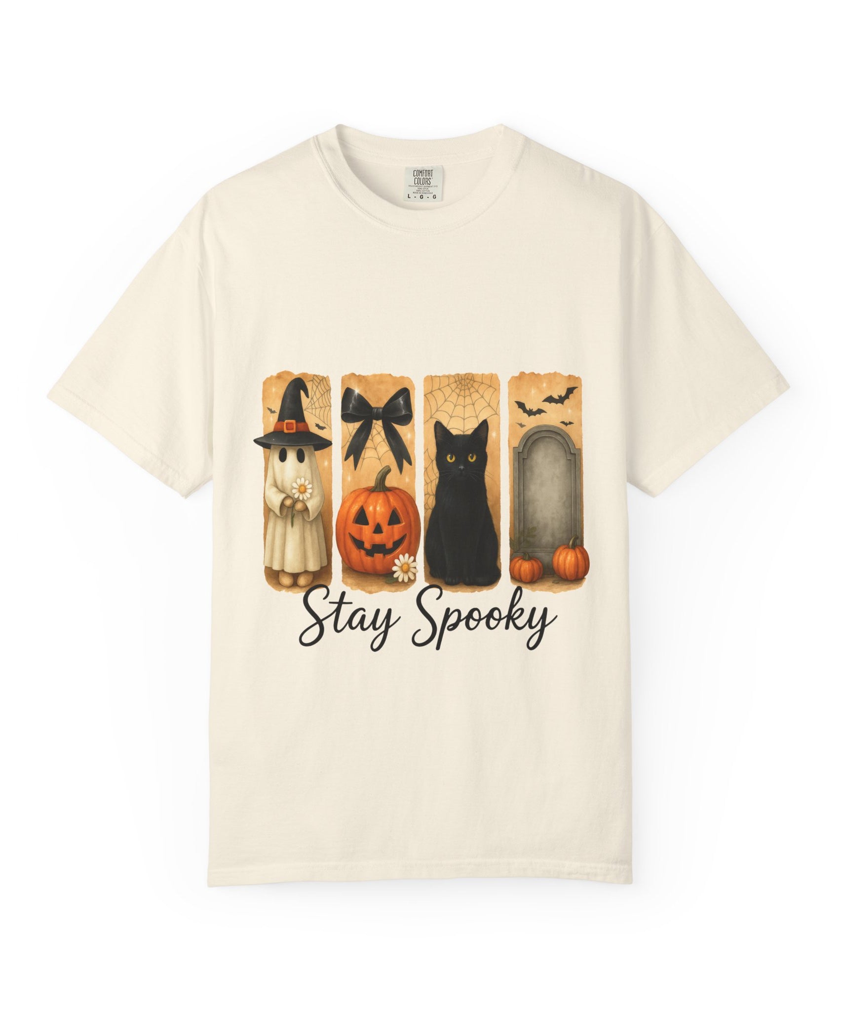 Cute Halloween T-Shirt – Ghost in Witch Hat, Pumpkin, Black Cat & Tombstone Design - Gallory Hive