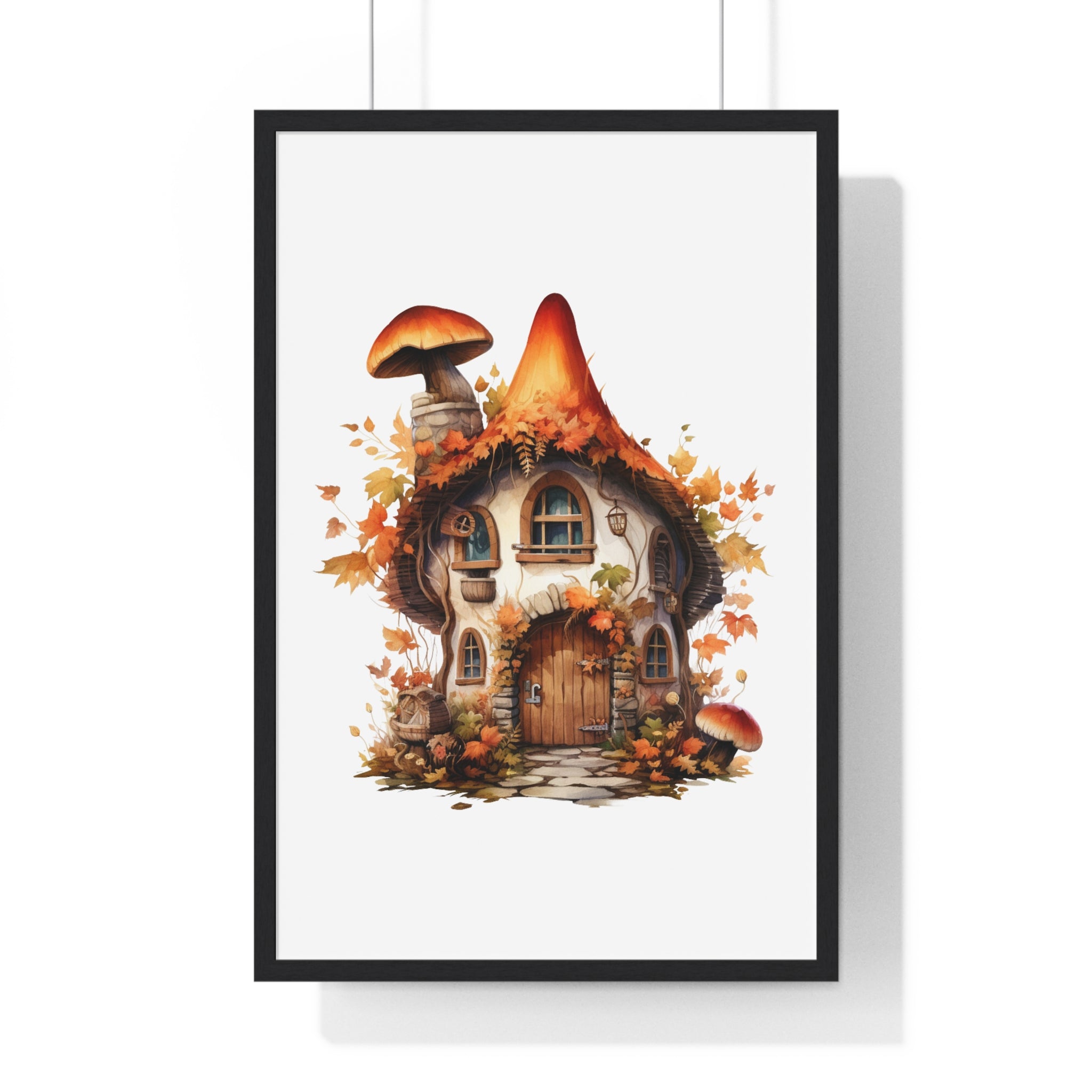 Whimsical Mushroom Cottage Wall Art – Autumn Fantasy House with Pumpkins & Lantern | Wooden Frame Poster for Seasonal Decor