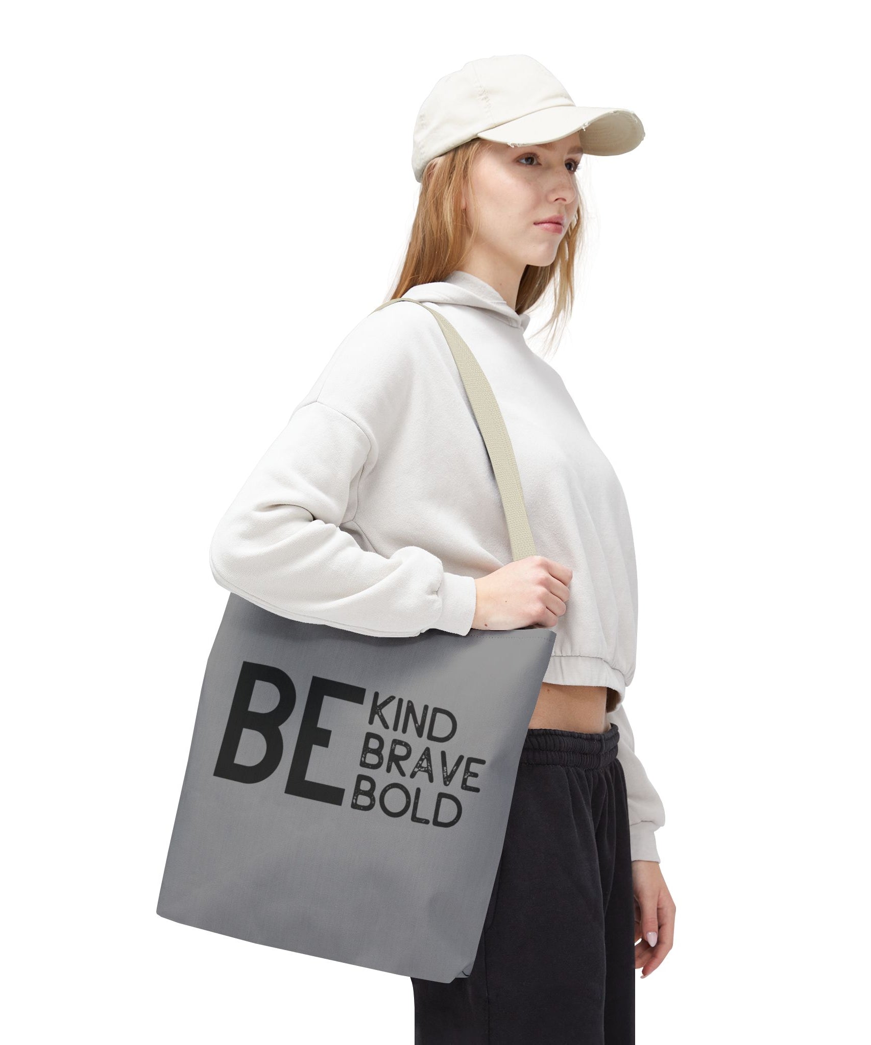 Inspirational Tote Bag - Be Kind Brave Bold - Eco-Friendly Carryall - Grey