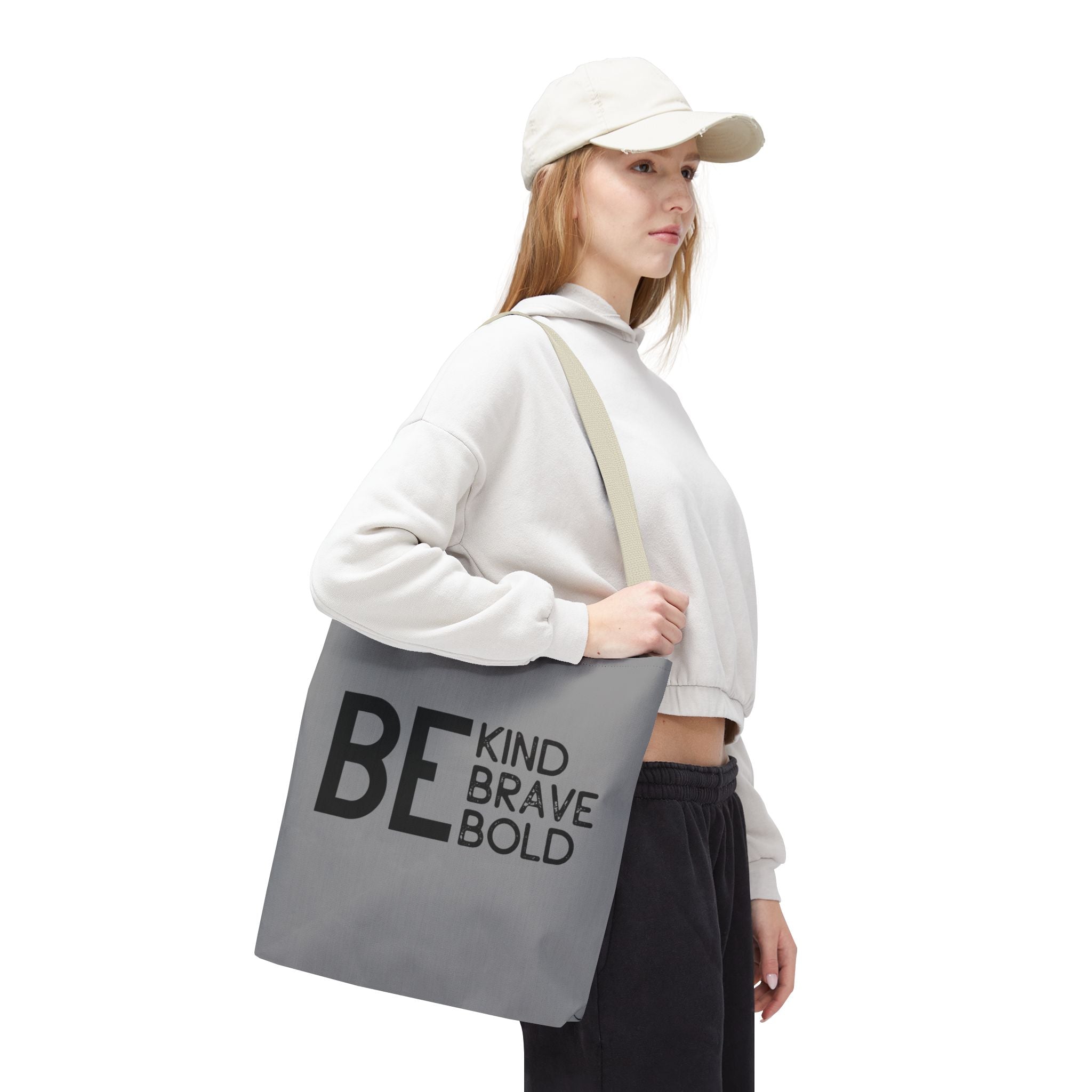Inspirational Tote Bag - Be Kind Brave Bold - Eco-Friendly Carryall - Grey