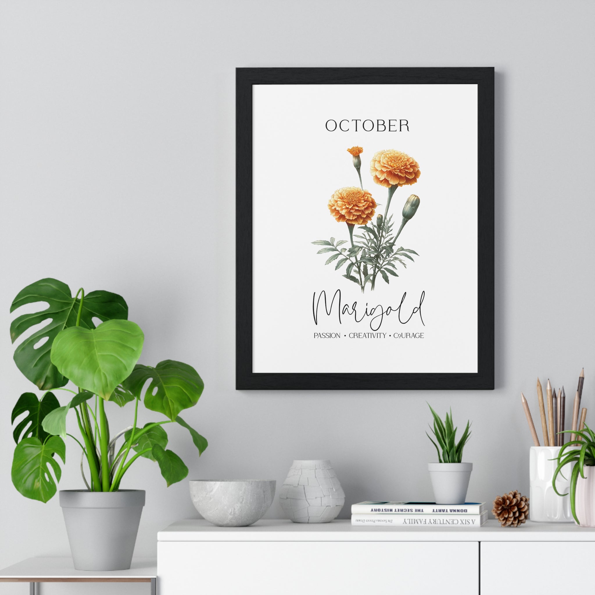 October Birth Month Flower Wall Art – Marigold Illustration in Wooden Frame | Passion, Creativity & Courage