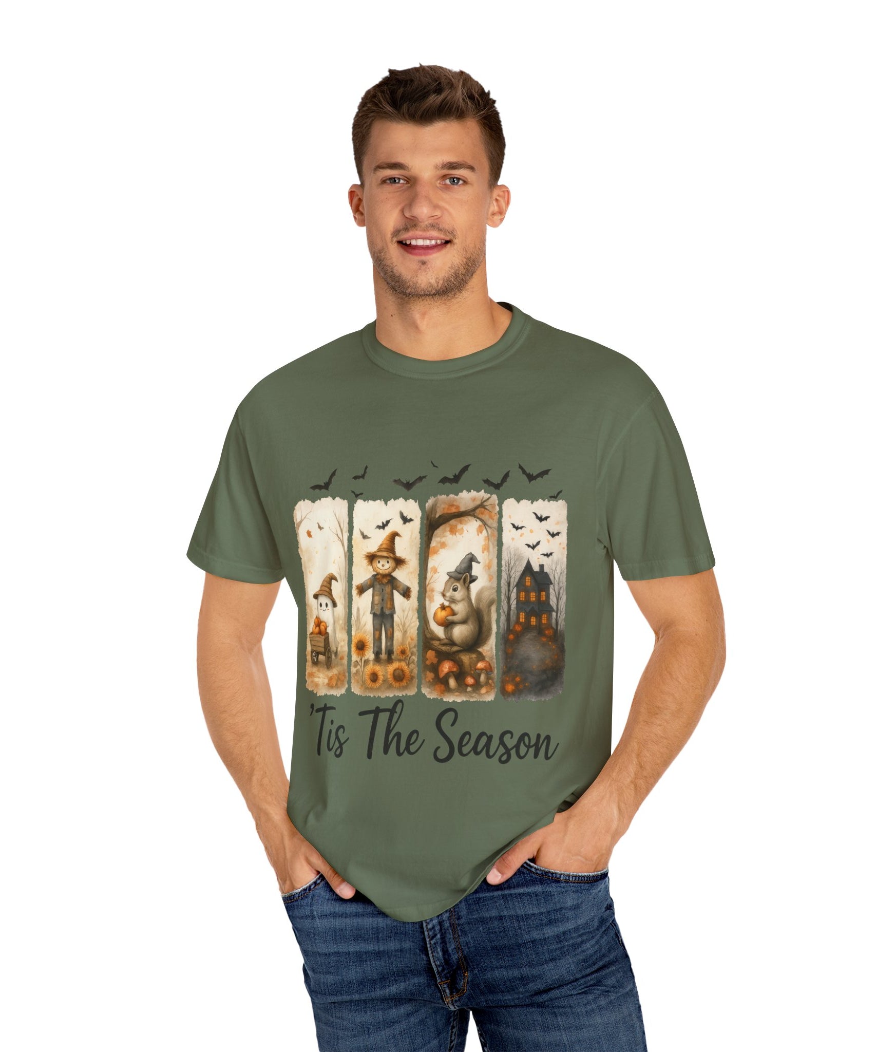 Tis The Season Fall Halloween T-Shirt – Cute Ghost, Scarecrow, Squirrel & Haunted House Design - Gallory Hive