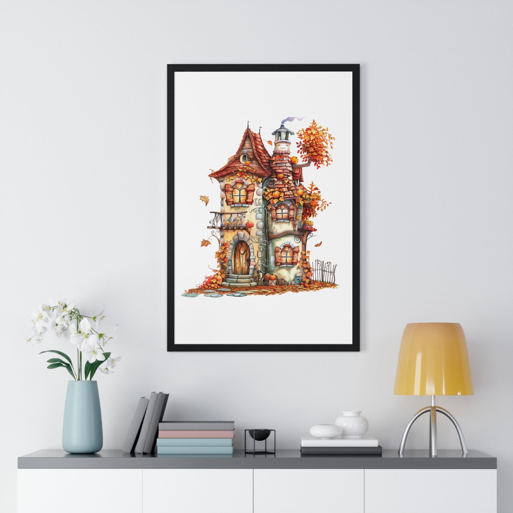 Whimsical Autumn Cottage Wooden Framed Wall Art