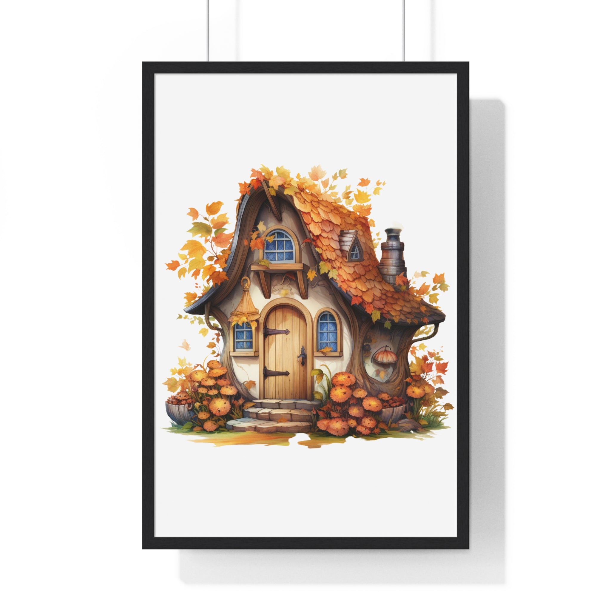 Whimsical Autumn Cottage Wall Art – Pumpkin Garden Fairy-Tale House | Wooden Frame Poster for Seasonal Home Decor