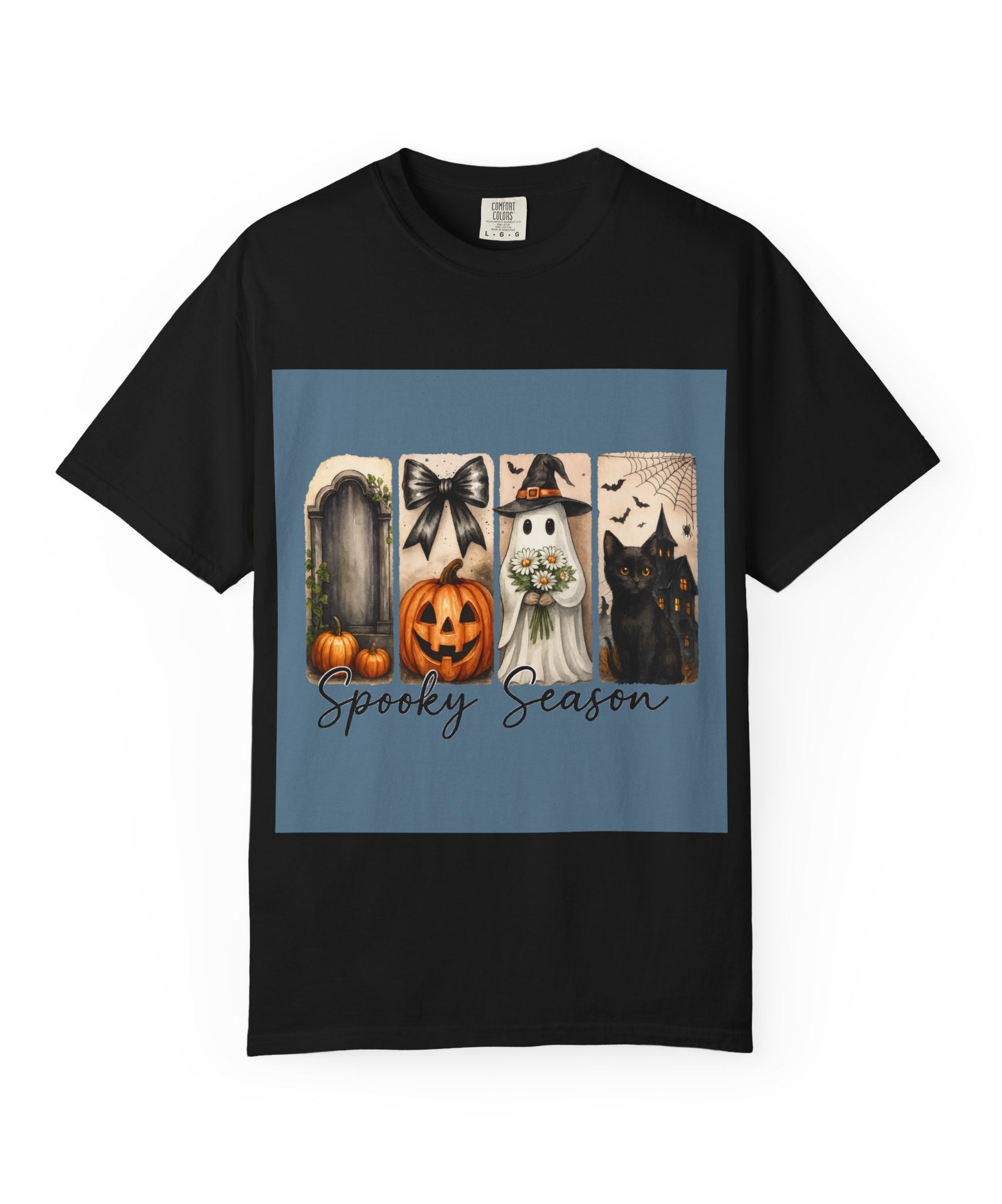Spooky Season Unisex Halloween T-Shirt – Ghost, Black Cat, Pumpkin & Haunted House Art - Gallory Hive