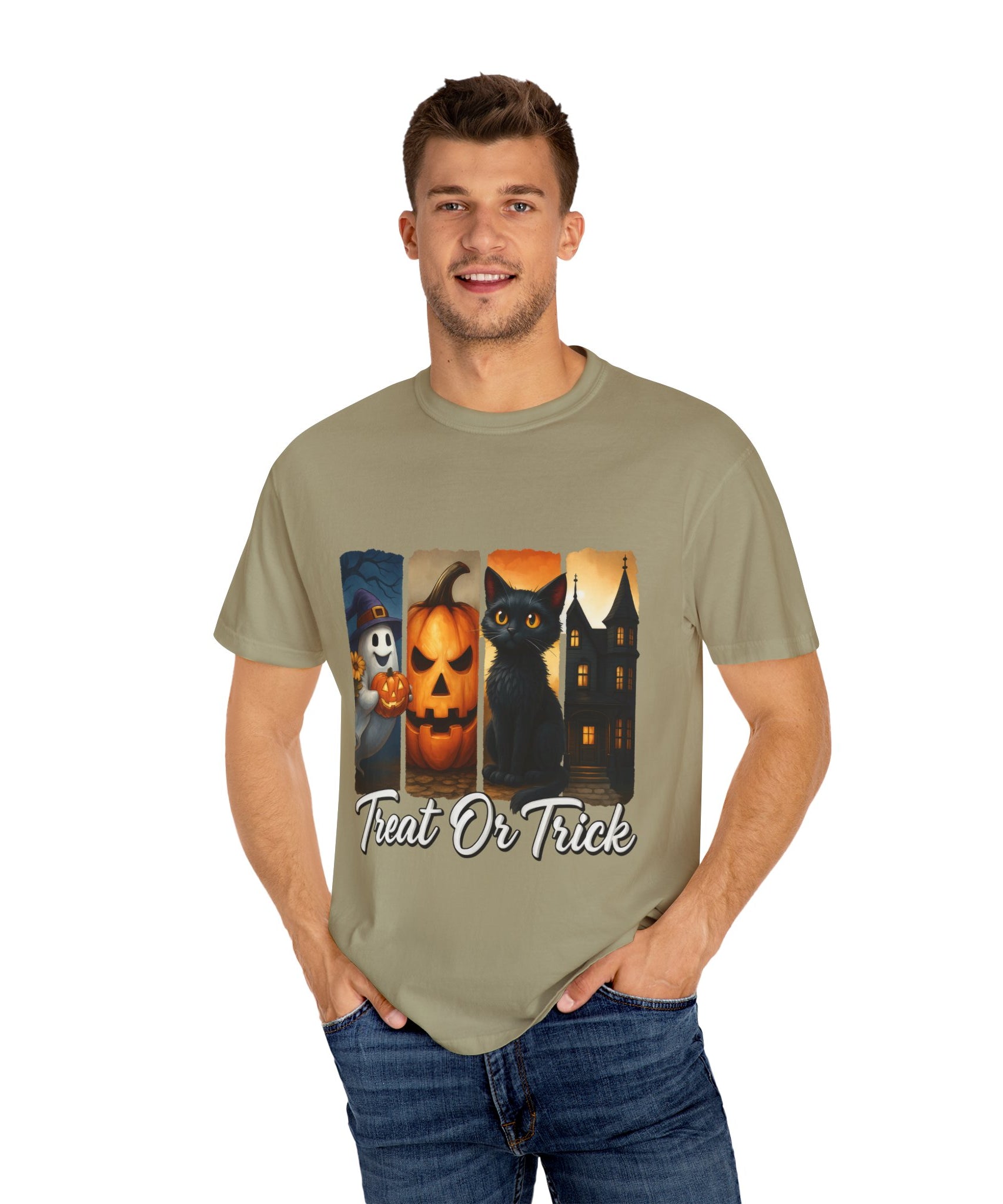 Treat Or Trick Halloween T-Shirt – Cute Ghost, Pumpkin, Black Cat & Haunted House Design - Gallory Hive