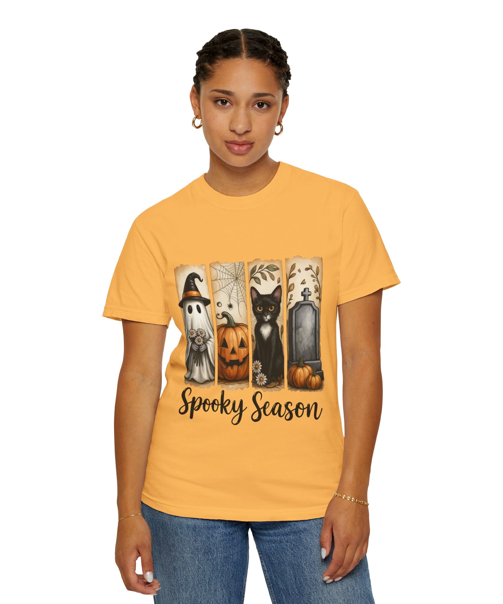 Spooky Season Halloween Unisex T-Shirt – Ghost, Cat & Pumpkin Design - Gallory Hive