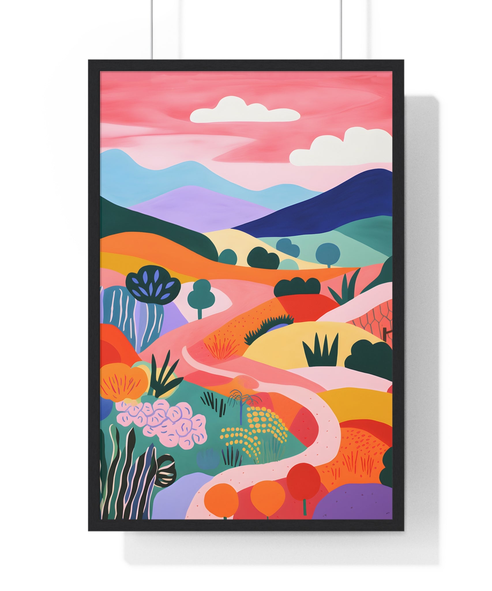 Whimsical Countryside Art – Premium Wooden Framed Poster with Path & Mountains