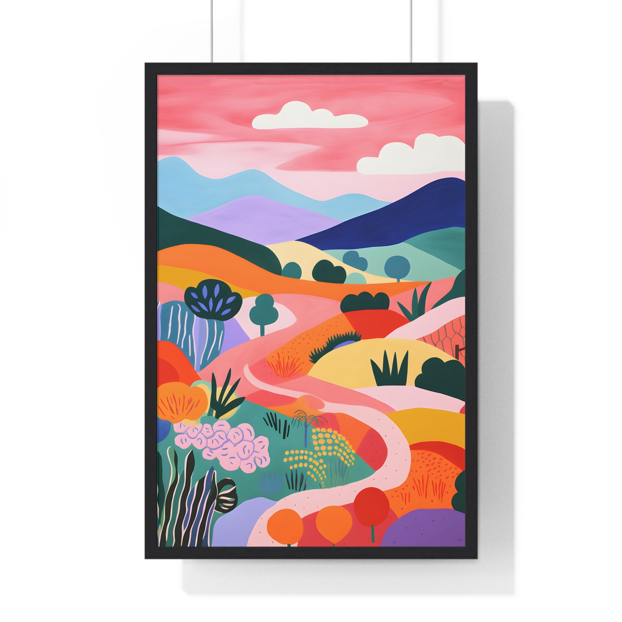 Whimsical Countryside Art – Premium Wooden Framed Poster with Path & Mountains