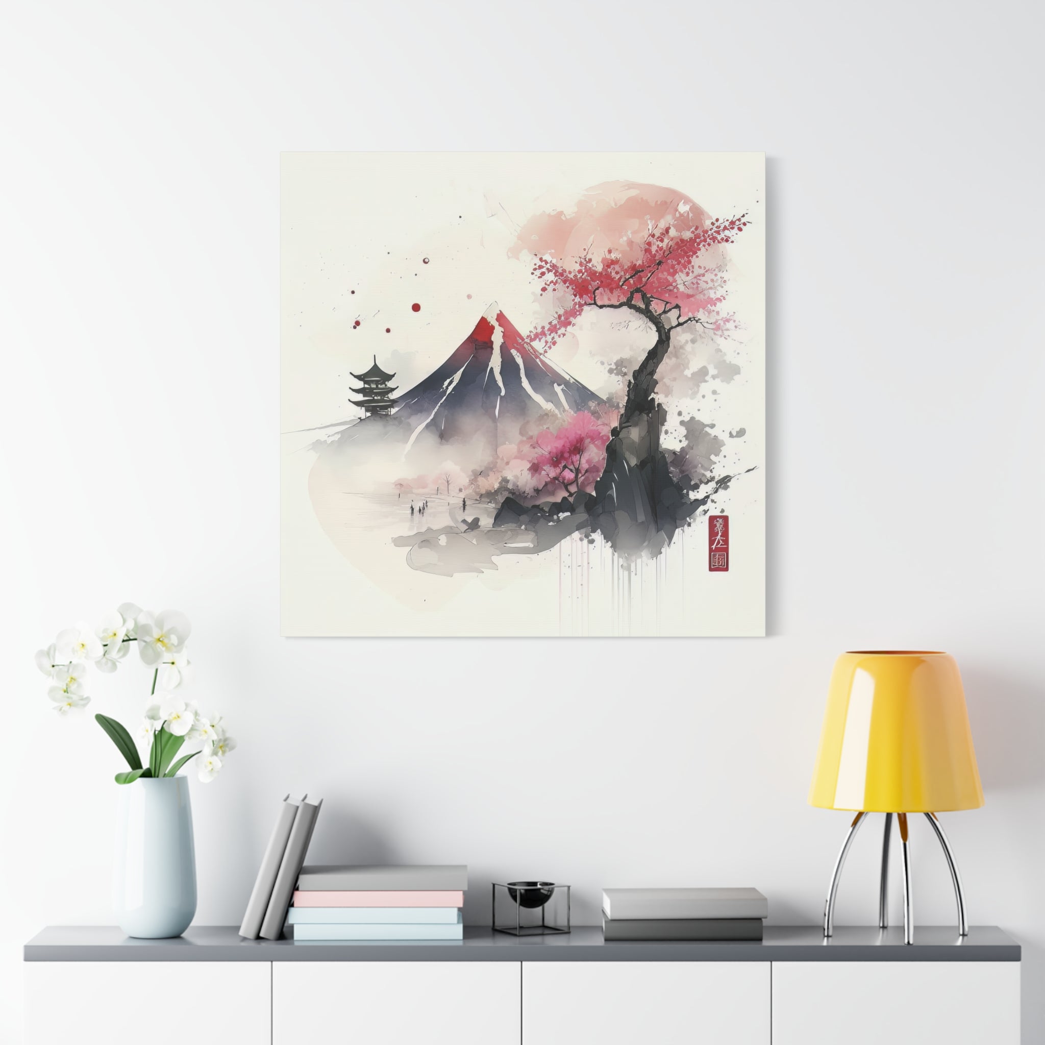 Mount Fuji & Cherry Blossom Watercolor Art Print – Tranquil Japanese Landscape, Floral Canvas Print, Asian-Inspired Home Decor - Gallory Hive