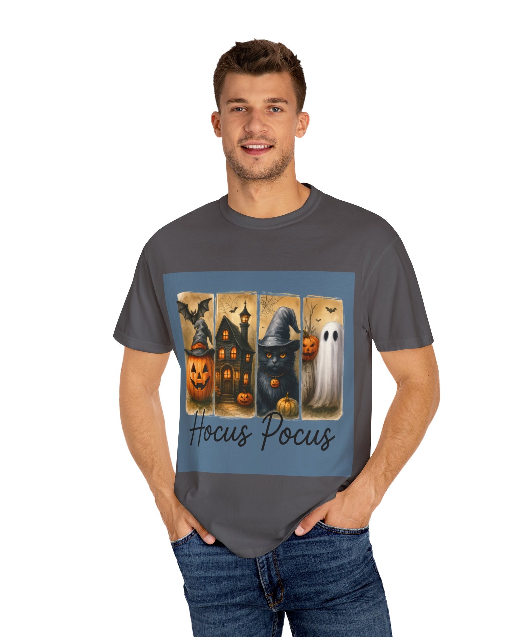 Hocus Pocus Halloween Unisex T-Shirt – Witchy Cat, Haunted House, Pumpkin & Ghost Art - Gallory Hive