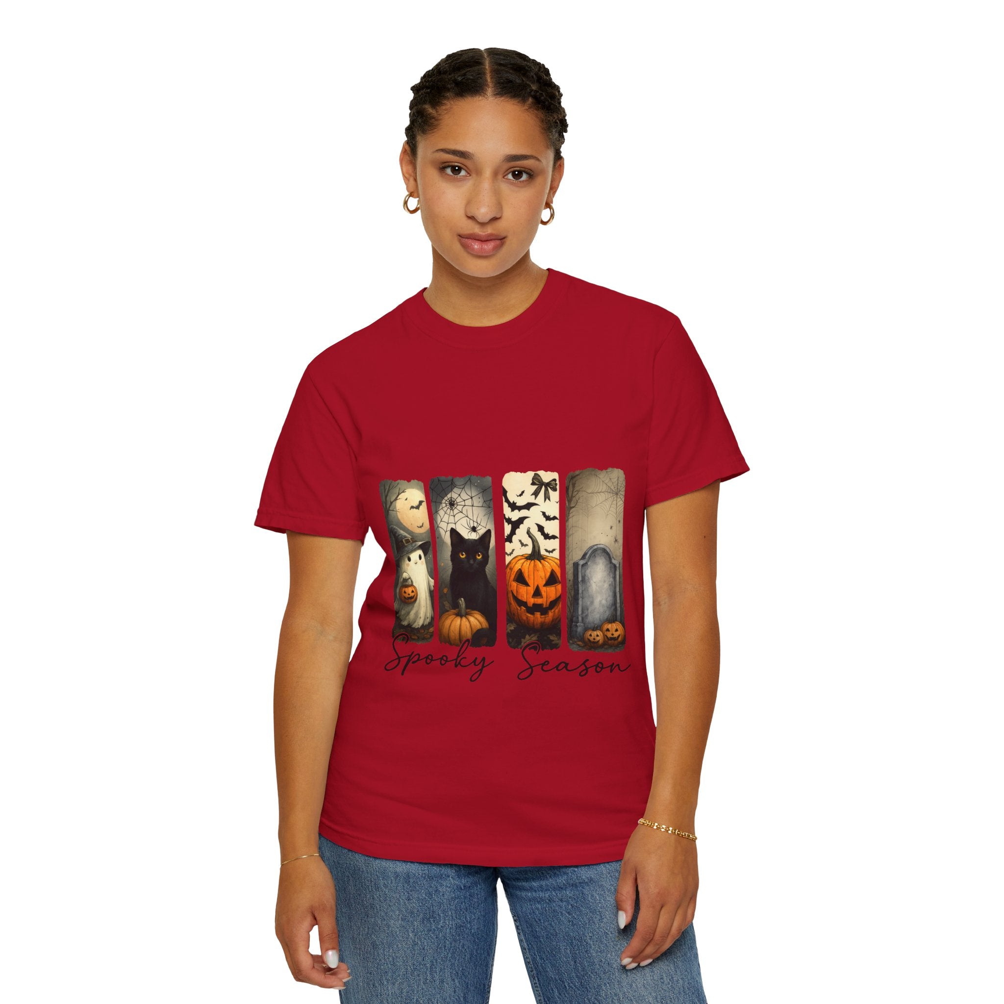 Halloween Night Unisex T-Shirt – Ghost, Black Cat, Pumpkin & Tombstone Vintage Art - Gallory Hive