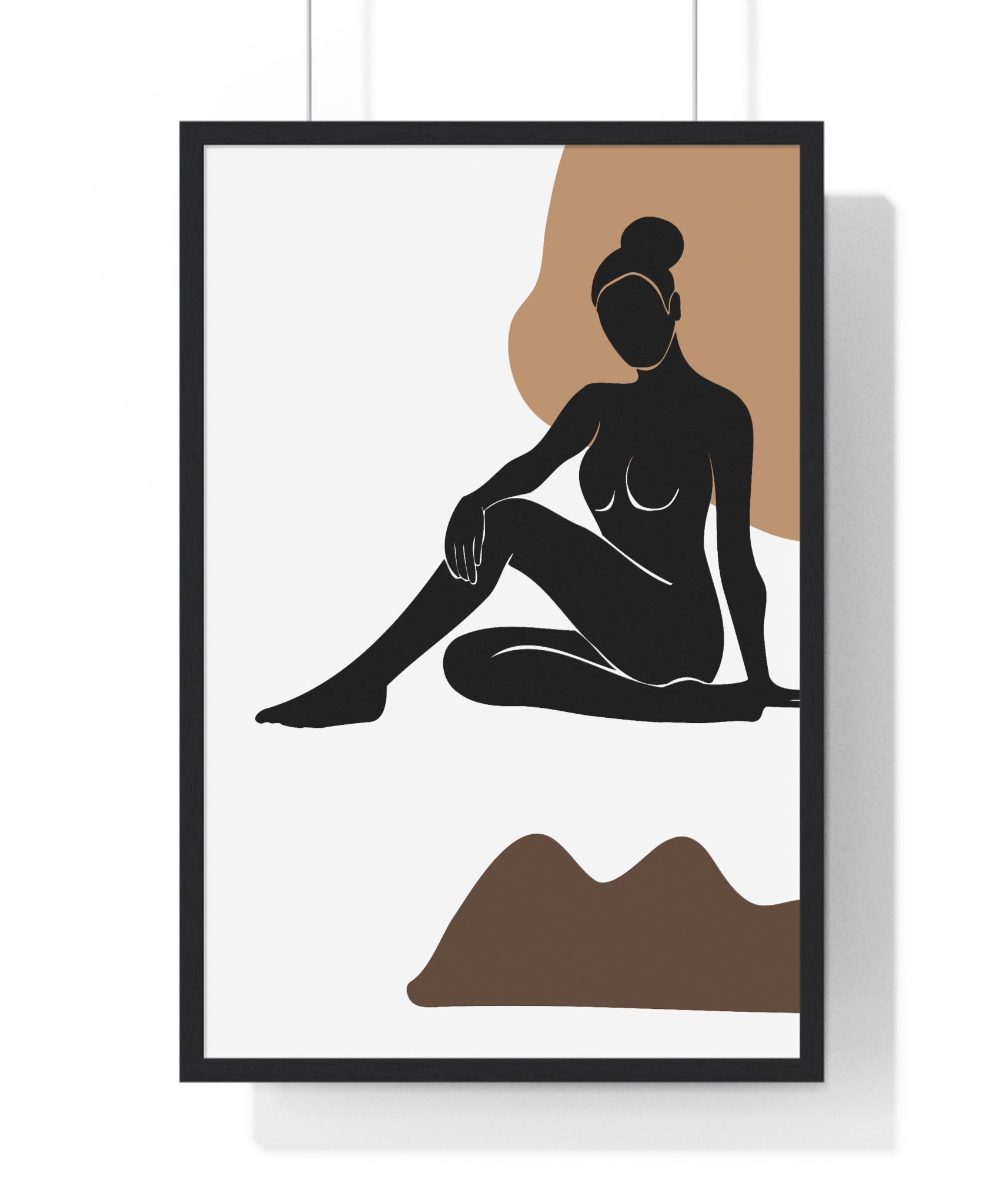 Minimalist Seated Figure Line Art – Earth Tone Print on Premium Wooden Frame