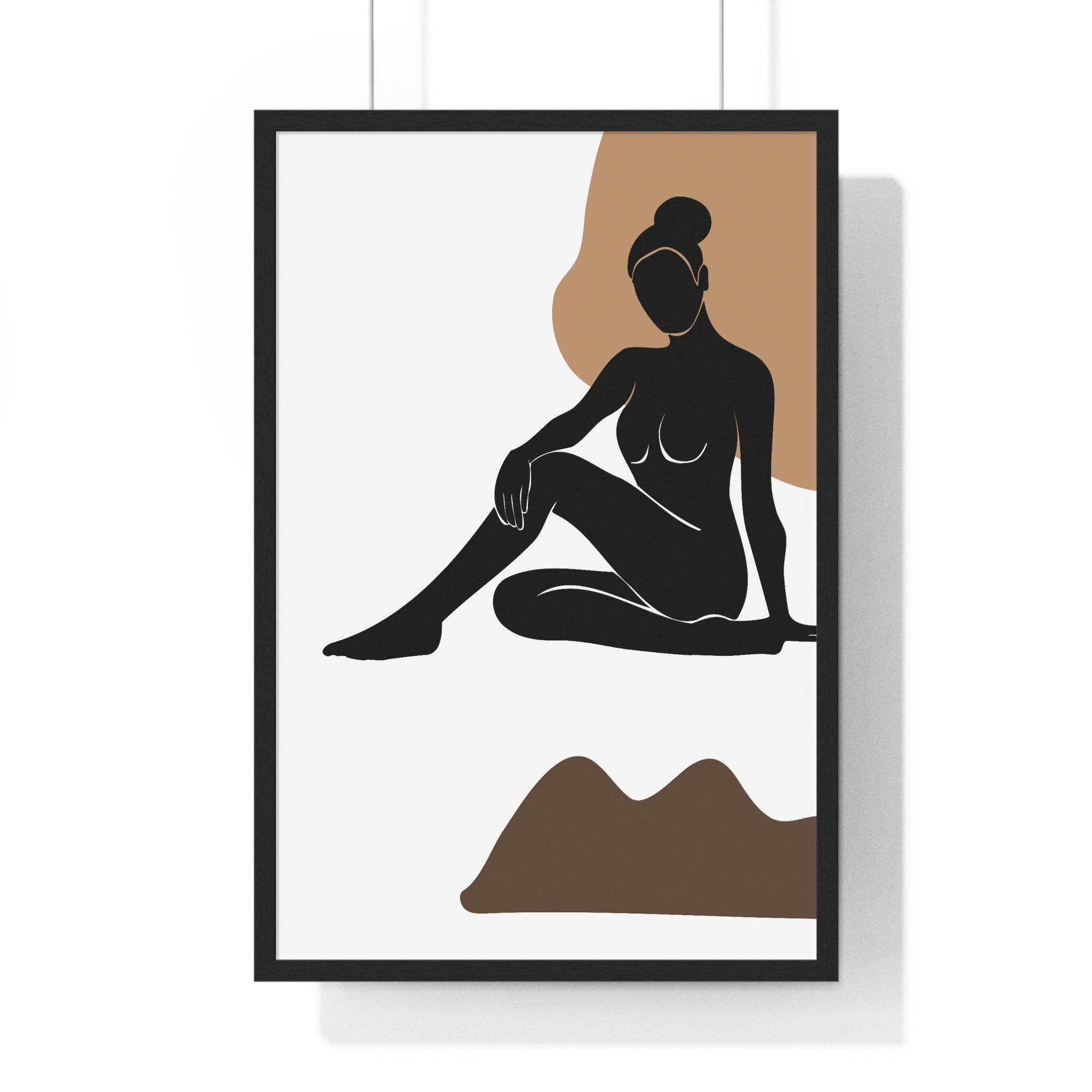 Minimalist Seated Figure Line Art – Earth Tone Print on Premium Wooden Frame