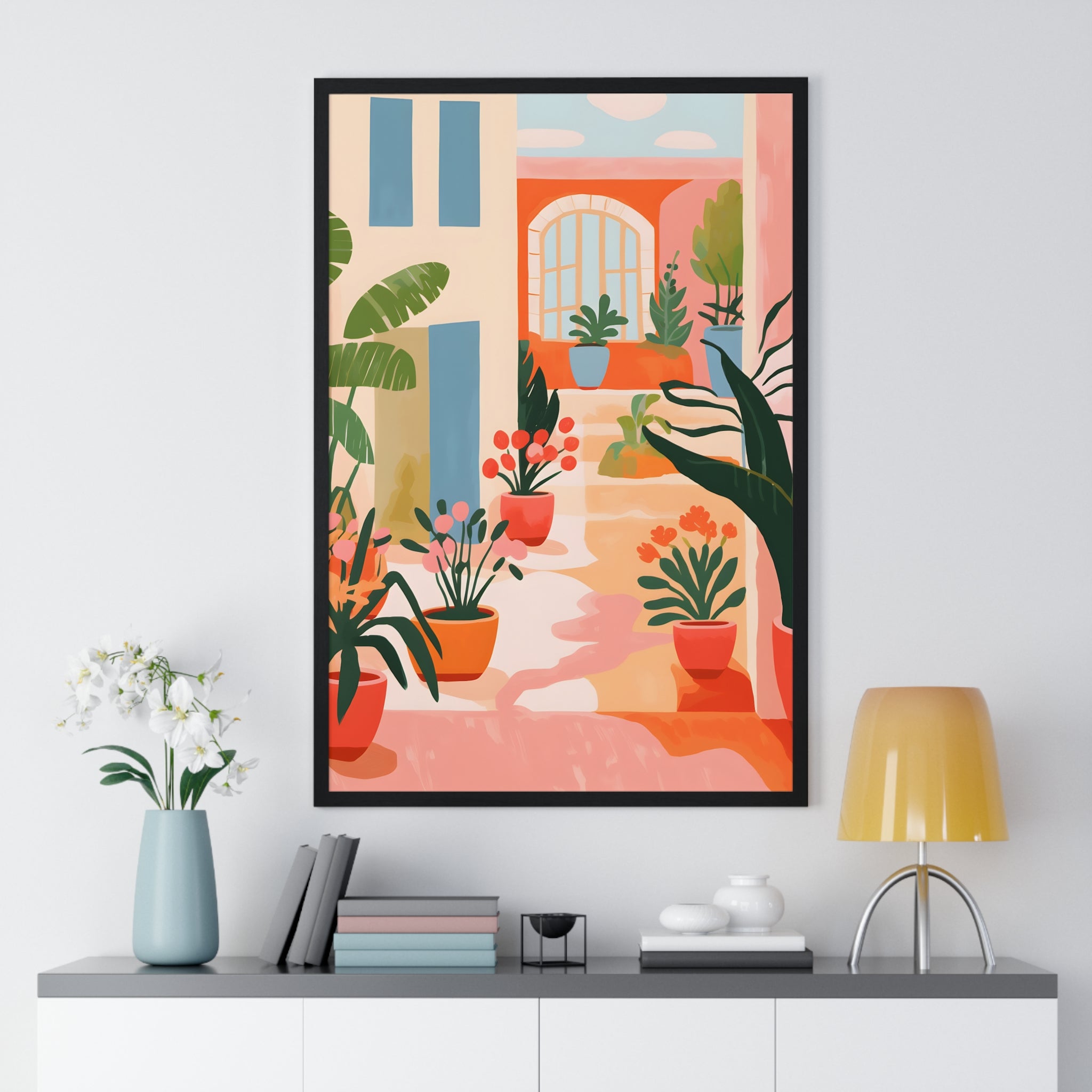 Vibrant Fall Maple Leaf and Flowerpot Art on Deep Red Grid in Premium Frame