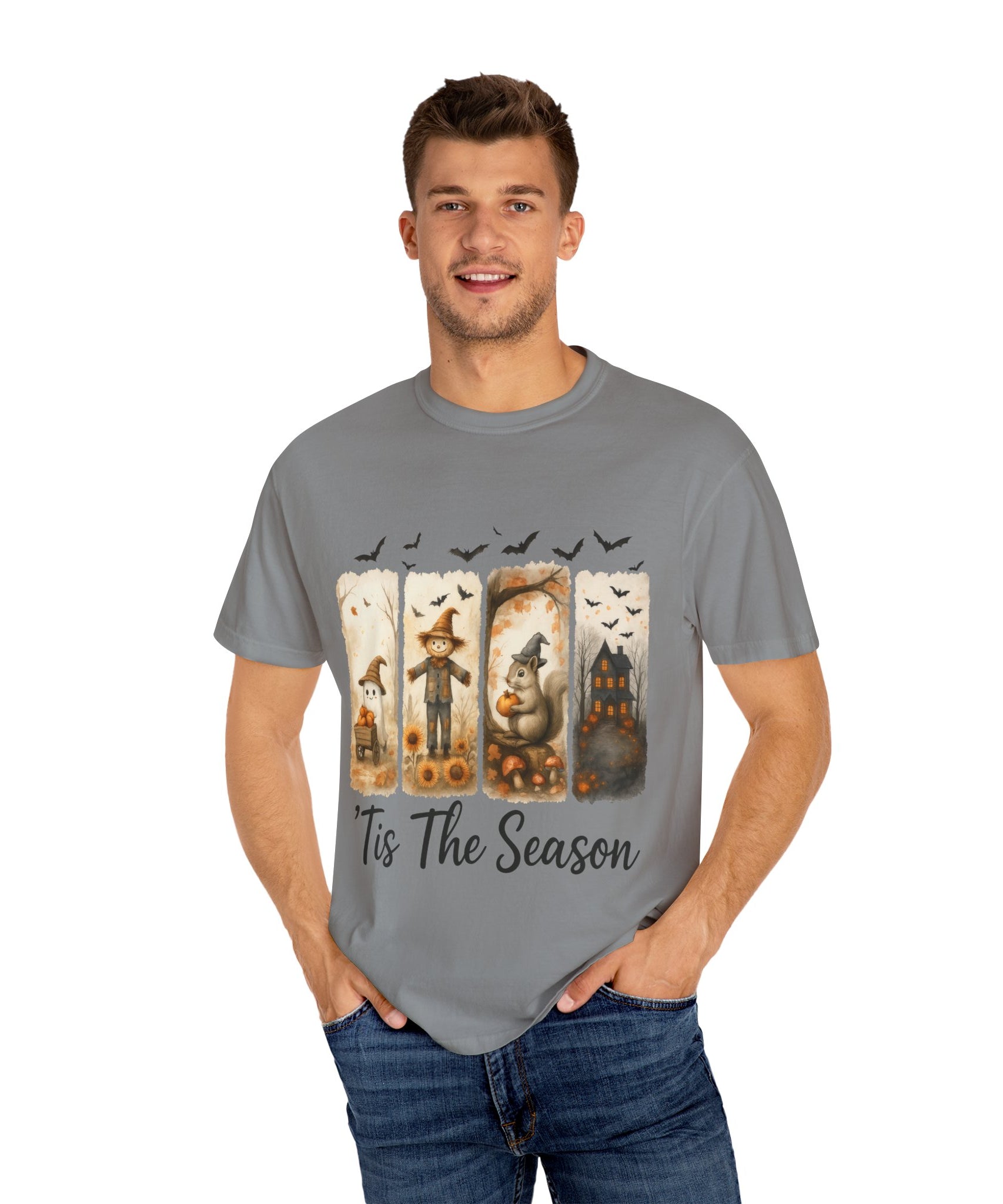 Tis The Season Fall Halloween T-Shirt – Cute Ghost, Scarecrow, Squirrel & Haunted House Design - Gallory Hive