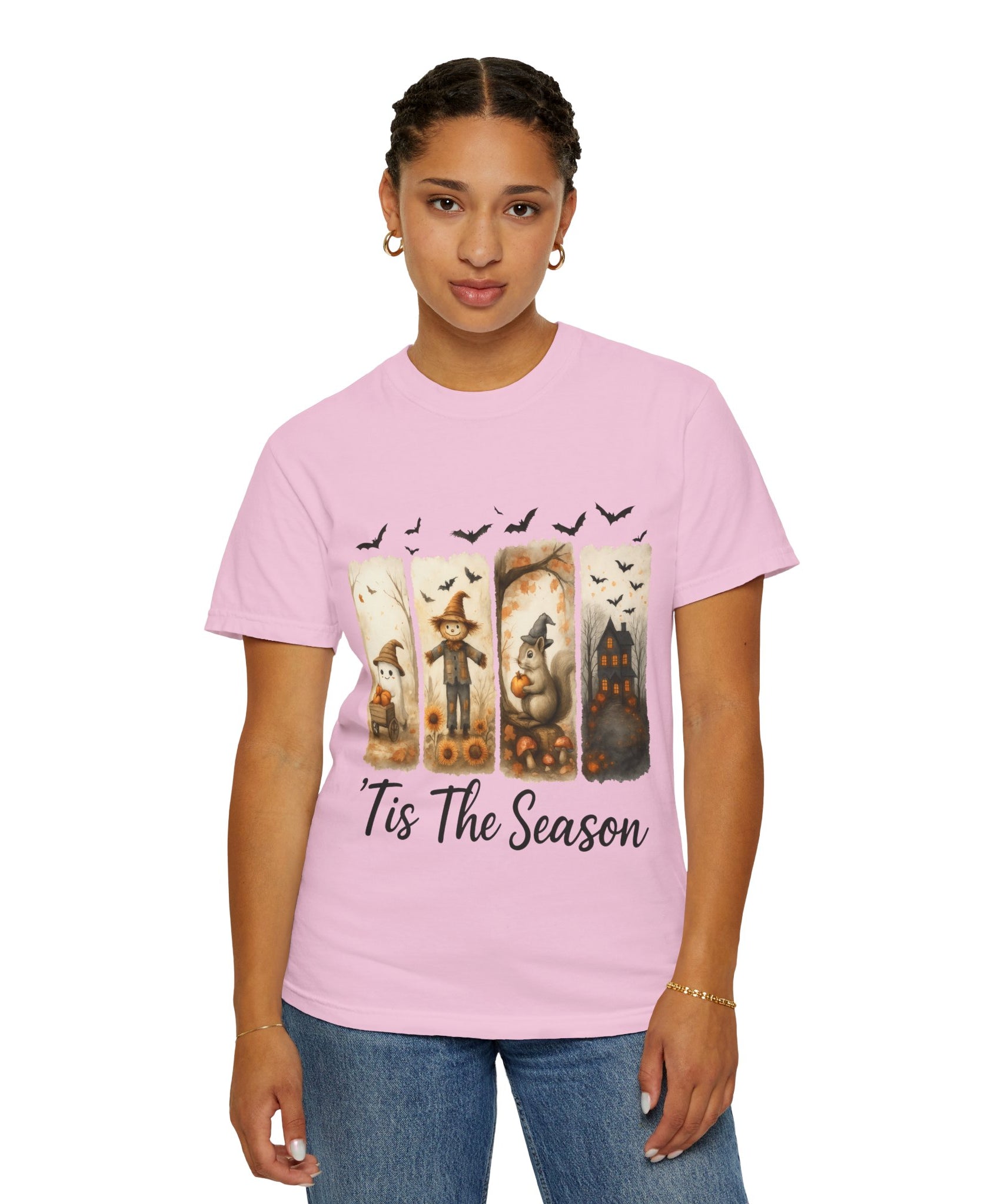 Tis The Season Fall Halloween T-Shirt – Cute Ghost, Scarecrow, Squirrel & Haunted House Design - Gallory Hive