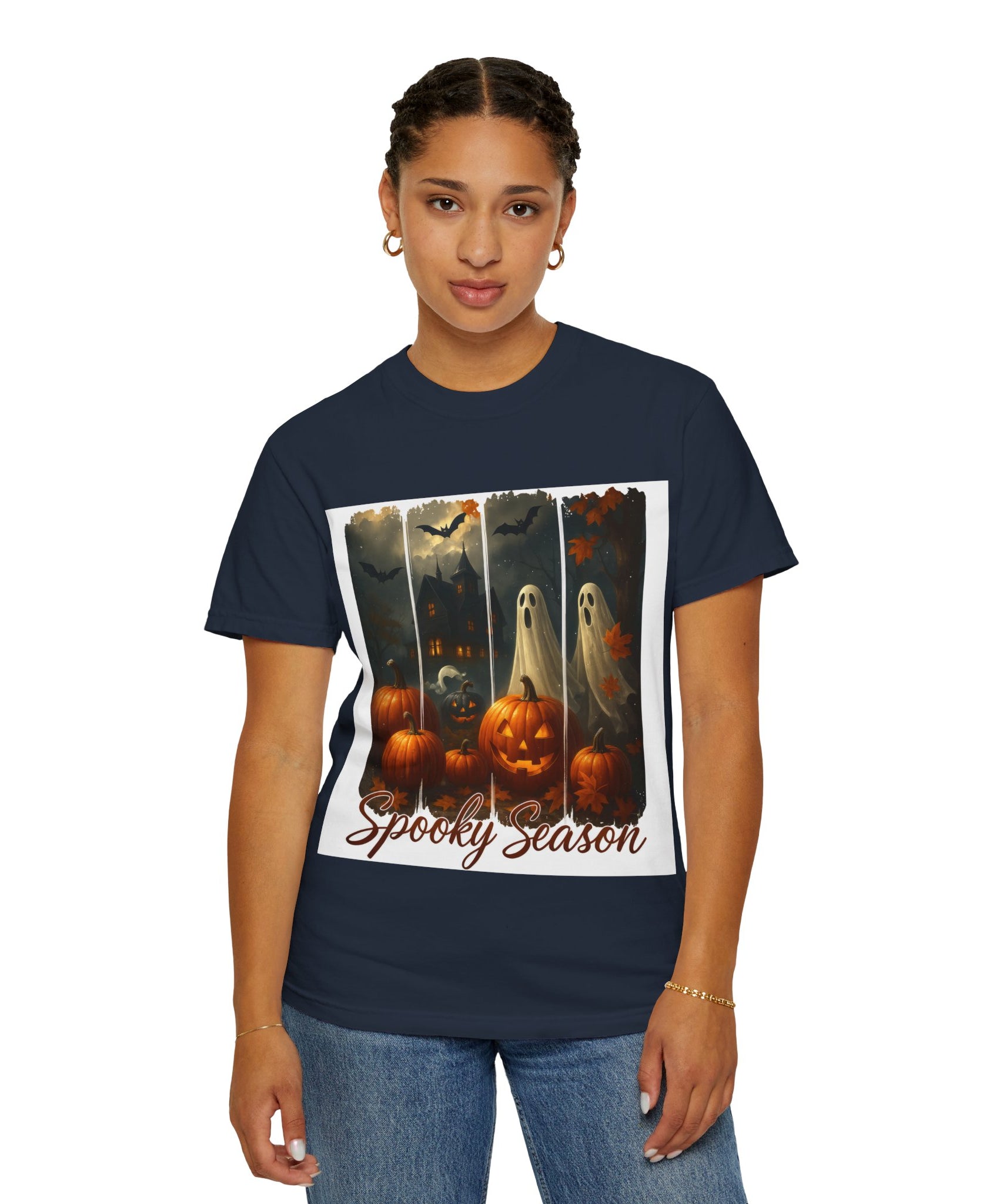 Spooky Season Unisex Halloween T-Shirt – Haunted House, Pumpkins & Ghosts Fall Design - Gallory Hive