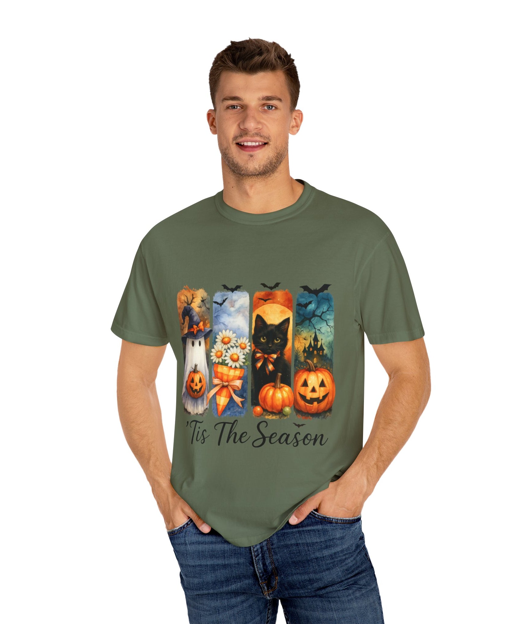 Whimsical Halloween T-Shirt – Ghost, Black Cat, Pumpkins & Haunted House Design - Gallory Hive