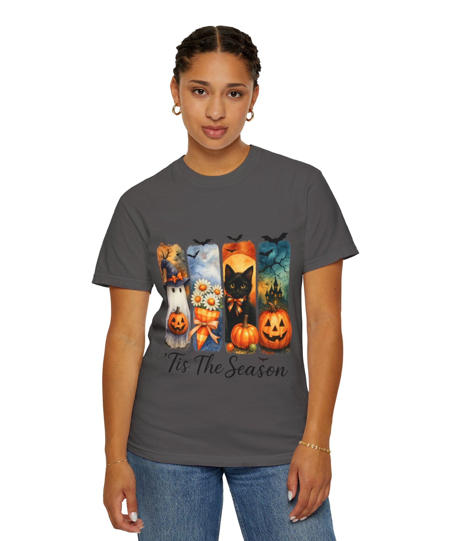 Whimsical Halloween T-Shirt – Ghost, Black Cat, Pumpkins & Haunted House Design - Gallory Hive
