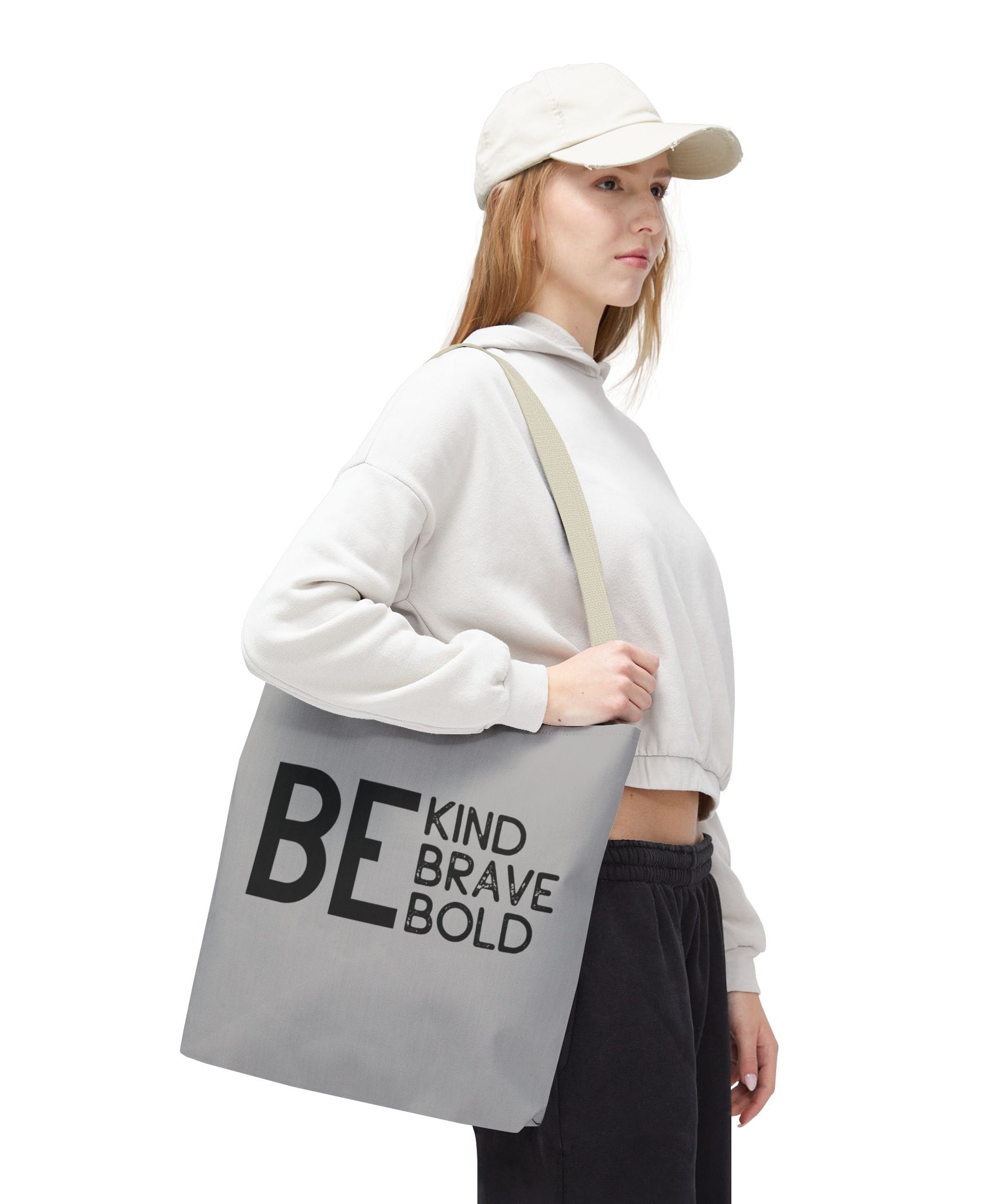 Inspirational Tote Bag - Be Kind Brave Bold - Eco-Friendly Carryall - Light Grey