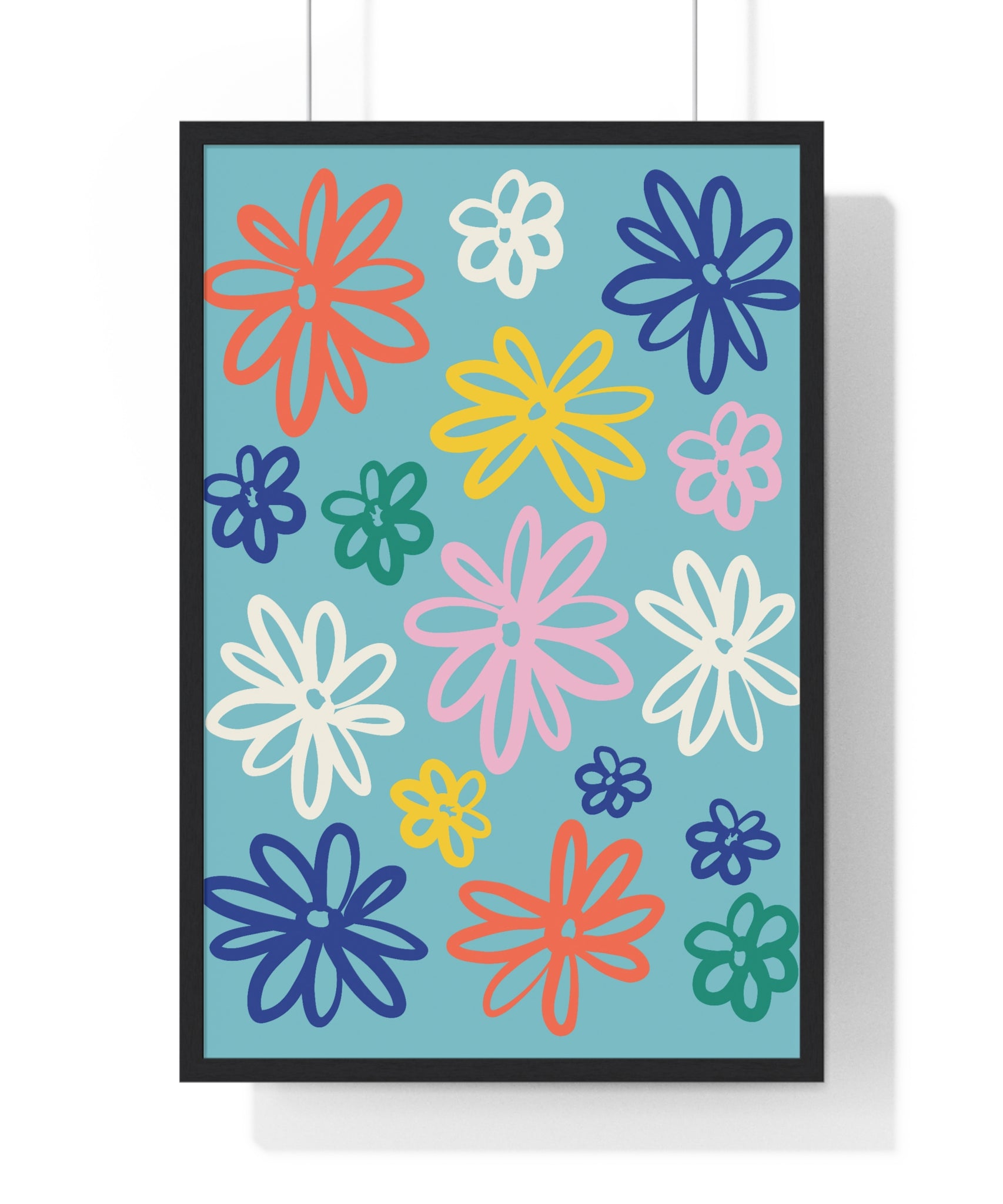 Vibrant Summer Sunflower Art on Golden Yellow Grid in Premium Frame