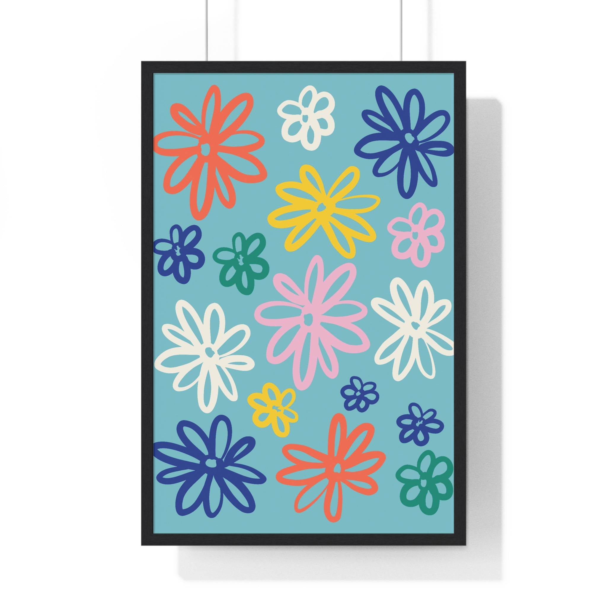 Vibrant Summer Sunflower Art on Golden Yellow Grid in Premium Frame