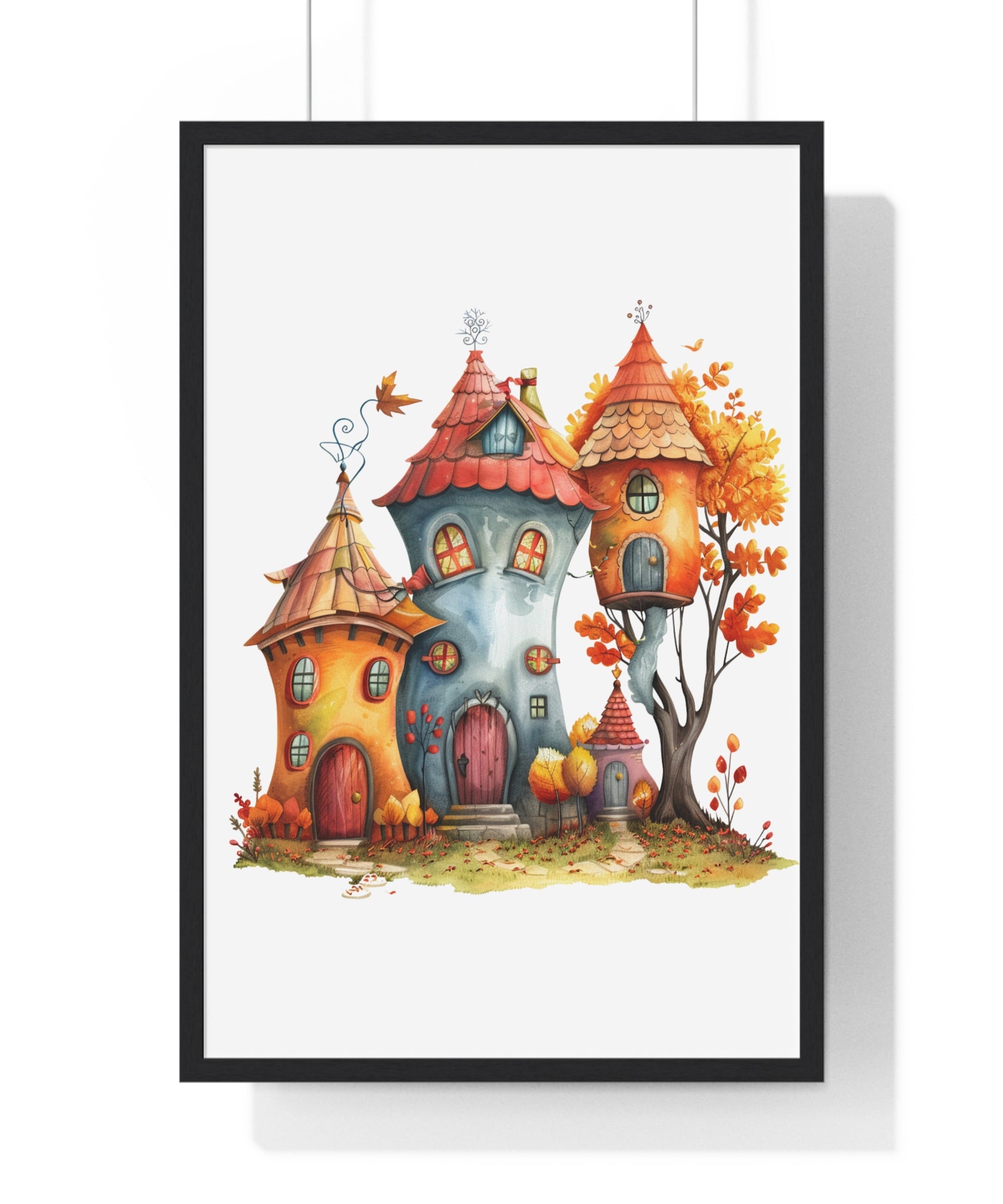 Whimsical Autumn Village – Framed Wooden Wall Art