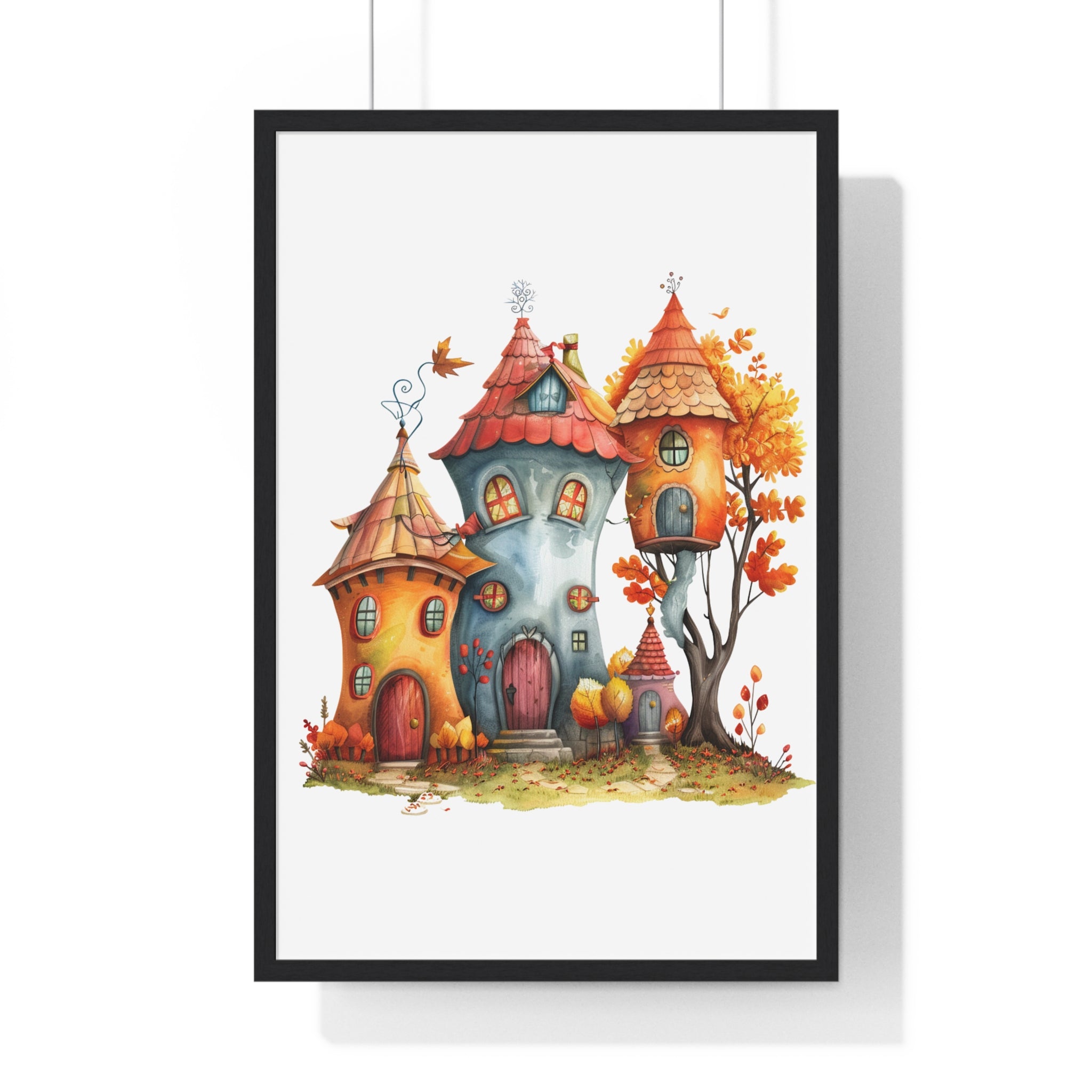 Whimsical Autumn Village – Framed Wooden Wall Art